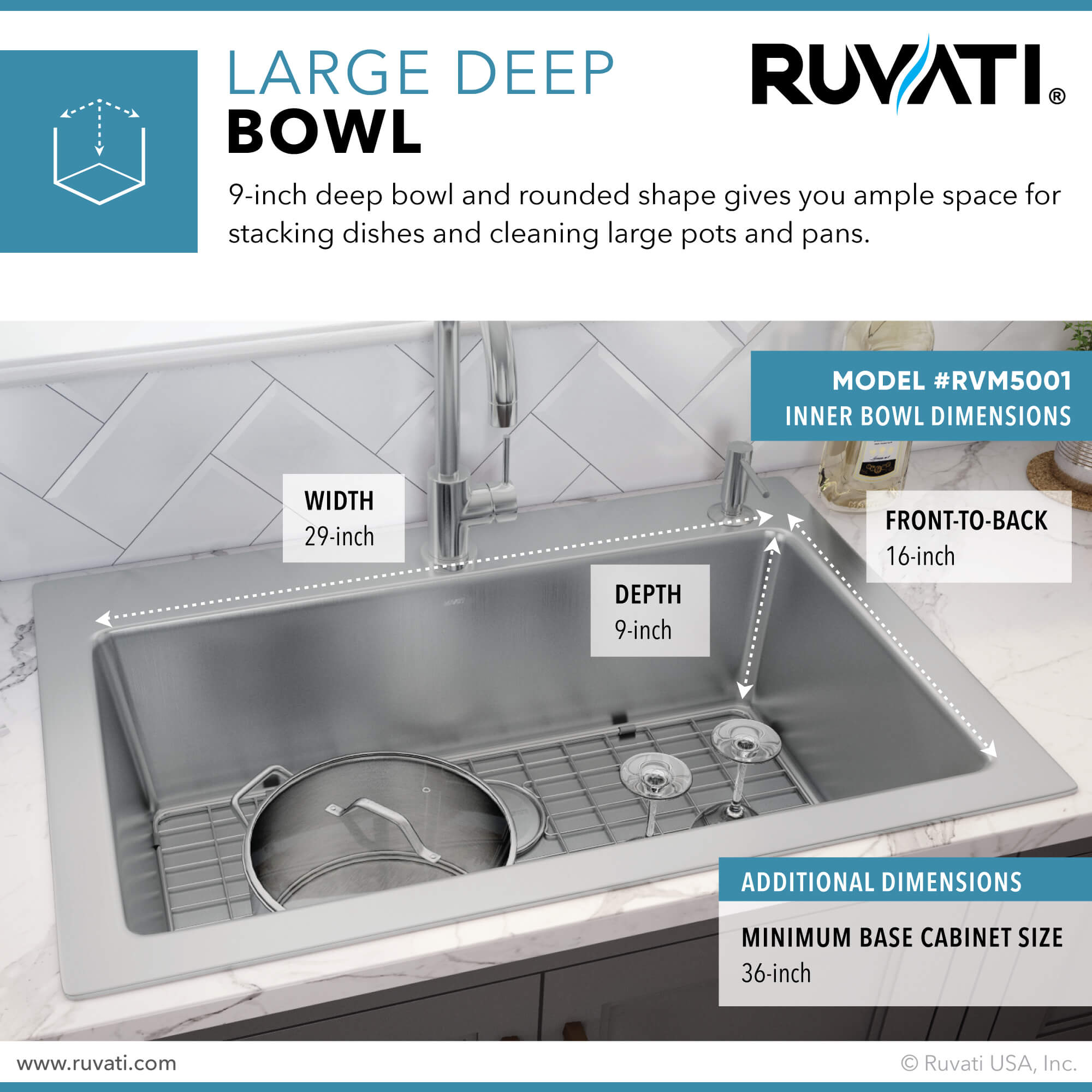Alternative View of Ruvati Modena 33" Drop-in Topmount Stainless Steel Kitchen Sink, 16 Gauge, RVM5001