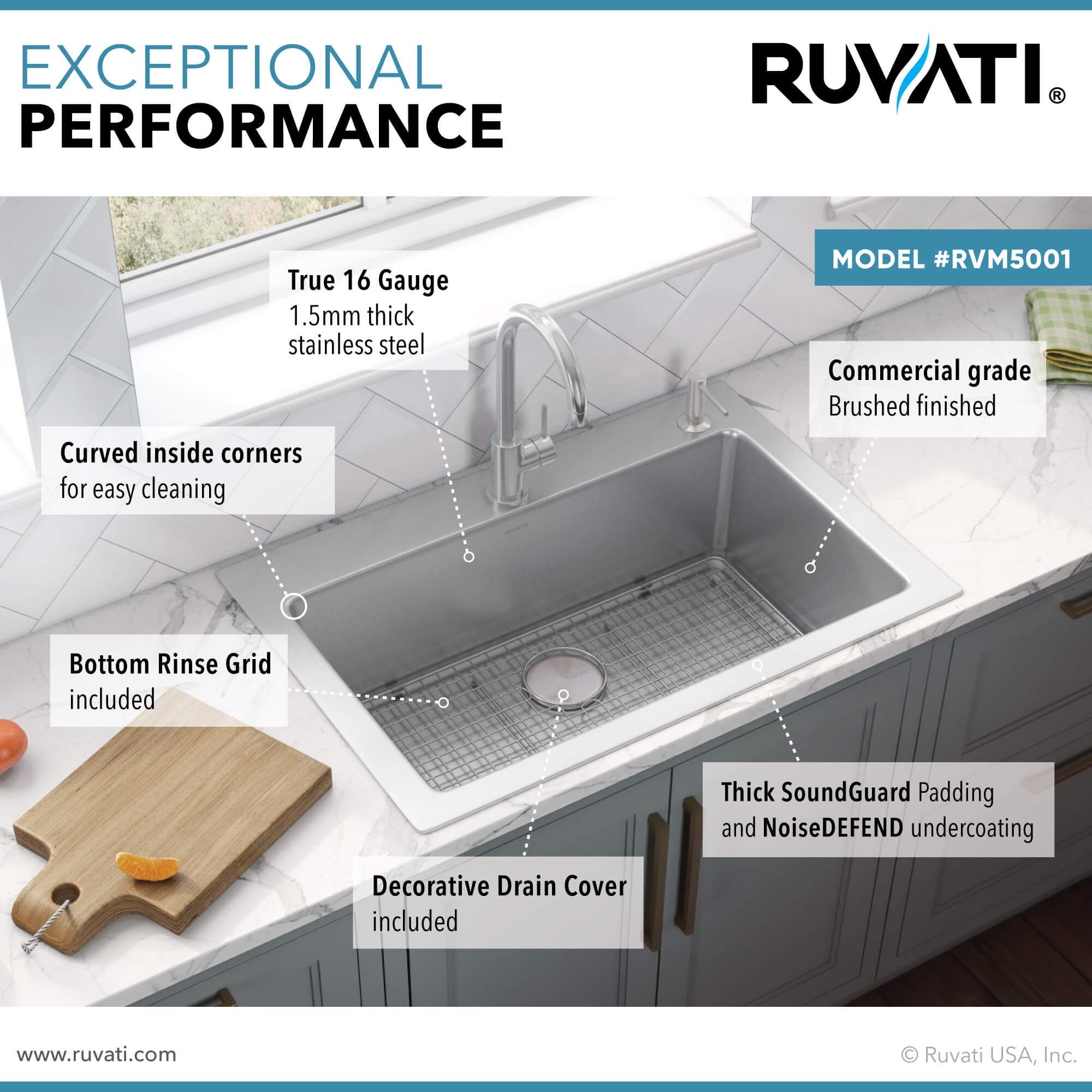 Alternative View of Ruvati Modena 33" Drop-in Topmount Stainless Steel Kitchen Sink, 16 Gauge, RVM5001
