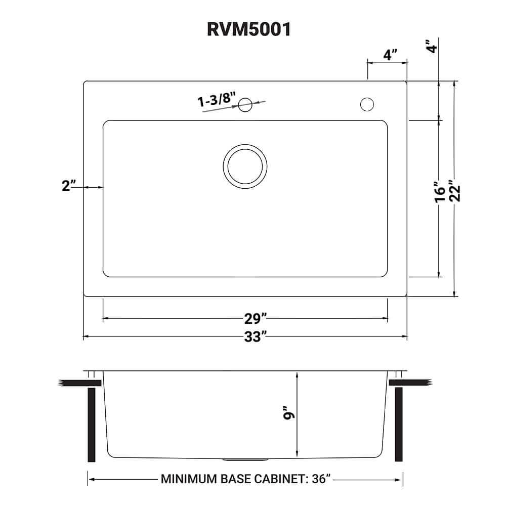 Dimensions Image for Ruvati Modena 33" Drop-in Topmount Stainless Steel Kitchen Sink, 16 Gauge, RVM5001