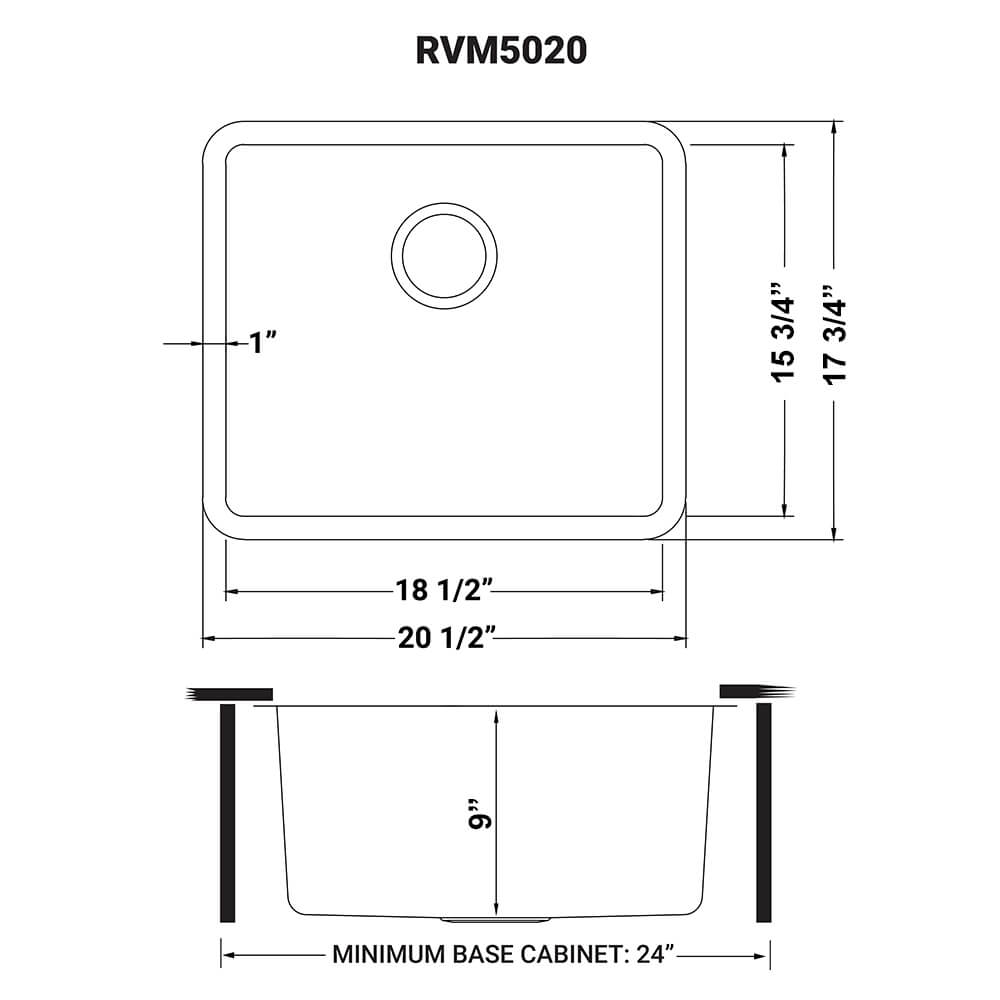 Dimensions Image for Ruvati Modena 20" Undermount Rectangle Stainless Steel Bar/Prep Sink, 16 Gauge, RVM5020