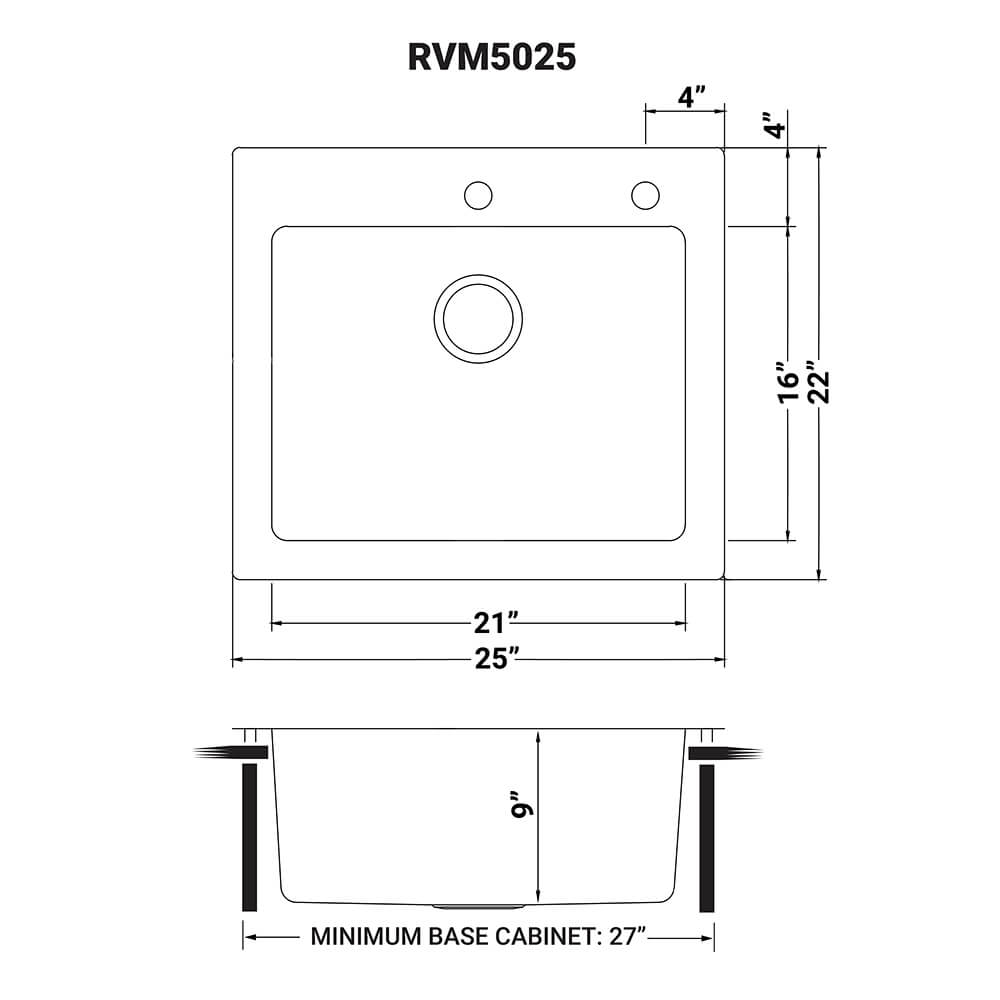 Dimensions Image for Ruvati Modena 25" Drop-in Topmount Stainless Steel Kitchen Sink, 16 Gauge, RVM5025