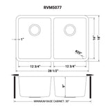 Dimensions for Ruvati Modena 28" Undermount Stainless Steel Kitchen Sink, 50/50 Double Bowl, 16 Gauge, RVM5077