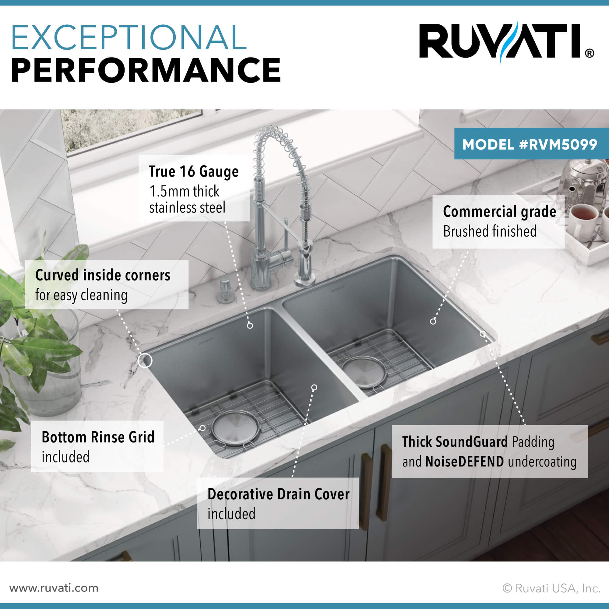 Alternative View of Ruvati Modena 31" Undermount Stainless Steel Kitchen Sink, 50/50 Double Bowl, 16 Gauge, RVM5099