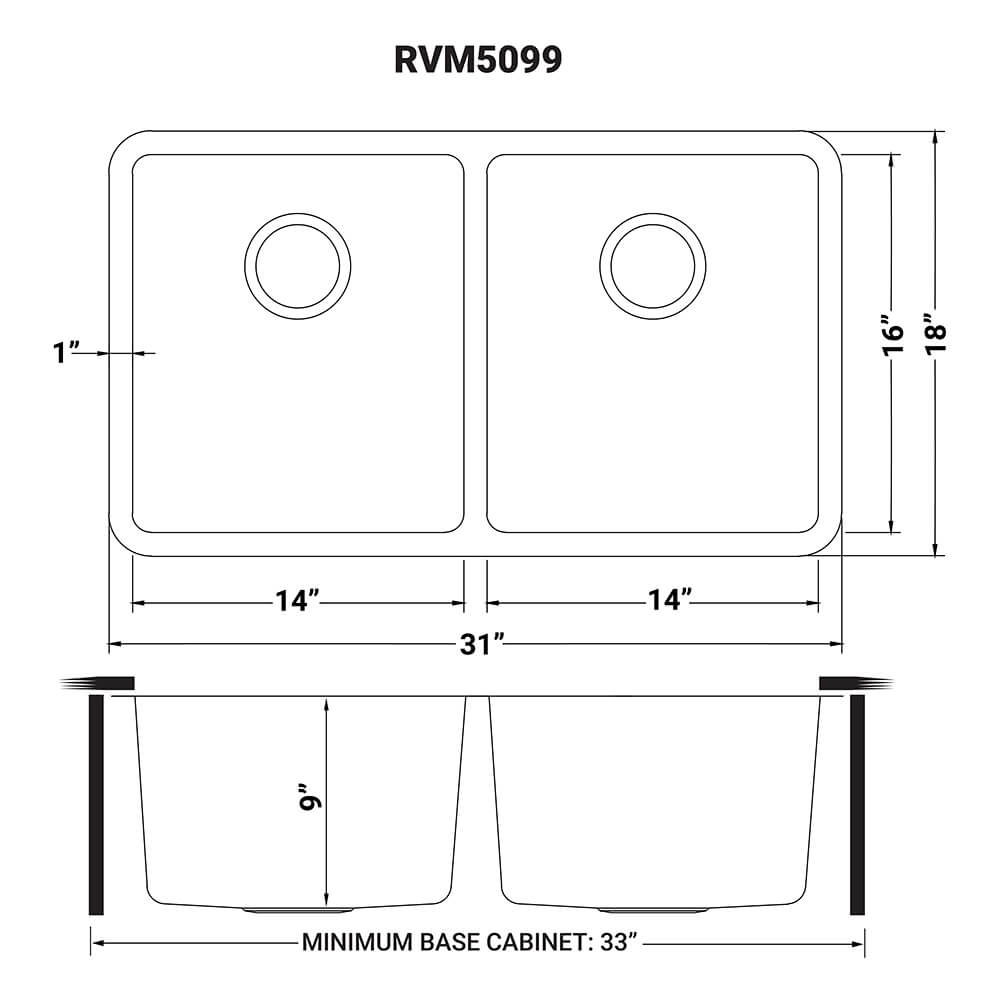 Dimensions Image for Ruvati Modena 31" Undermount Stainless Steel Kitchen Sink, 50/50 Double Bowl, 16 Gauge, RVM5099