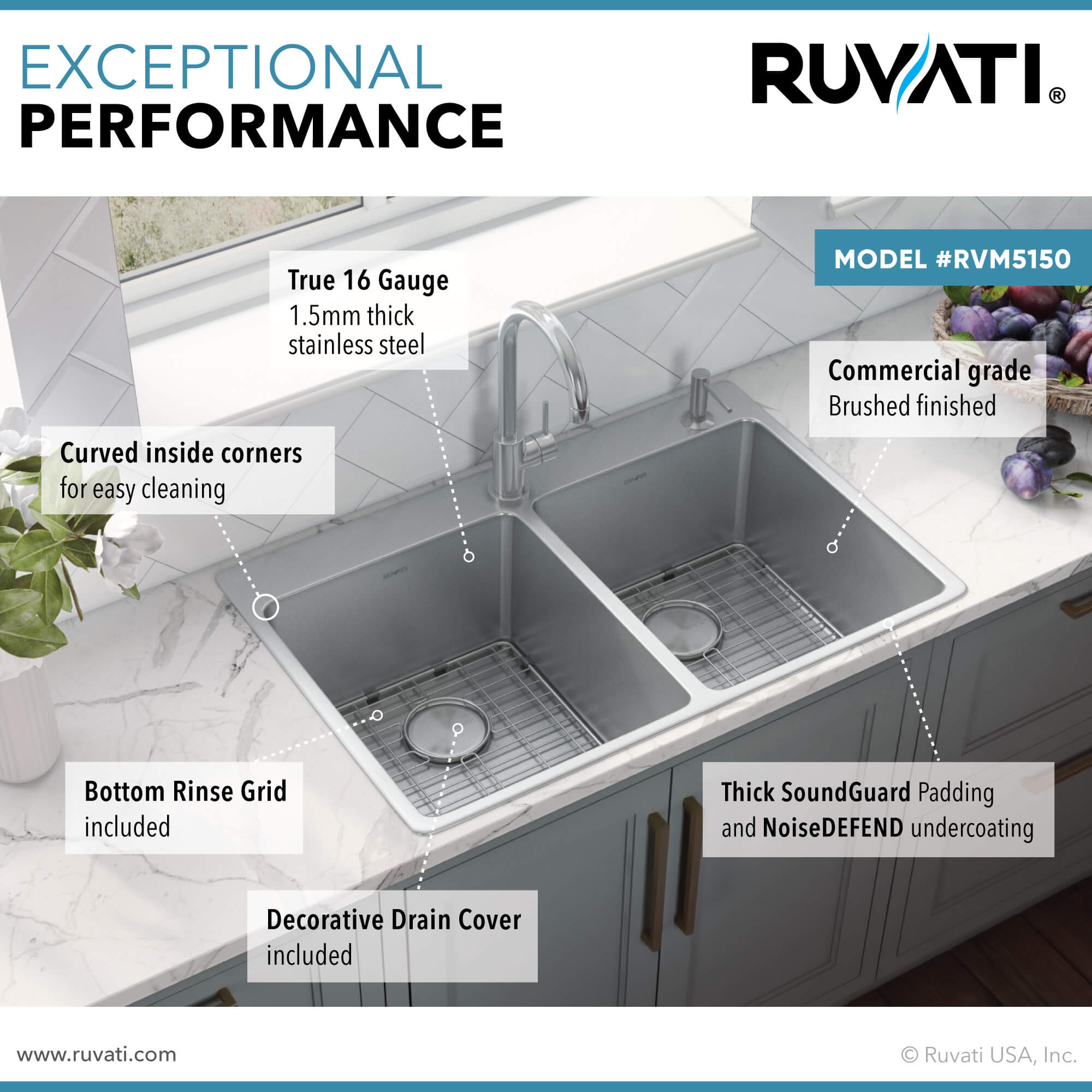 Alternative View of Ruvati Modena 33" Drop-in Topmount Stainless Steel Kitchen Sink, 50/50 Double Bowl, 16 Gauge, RVM5150
