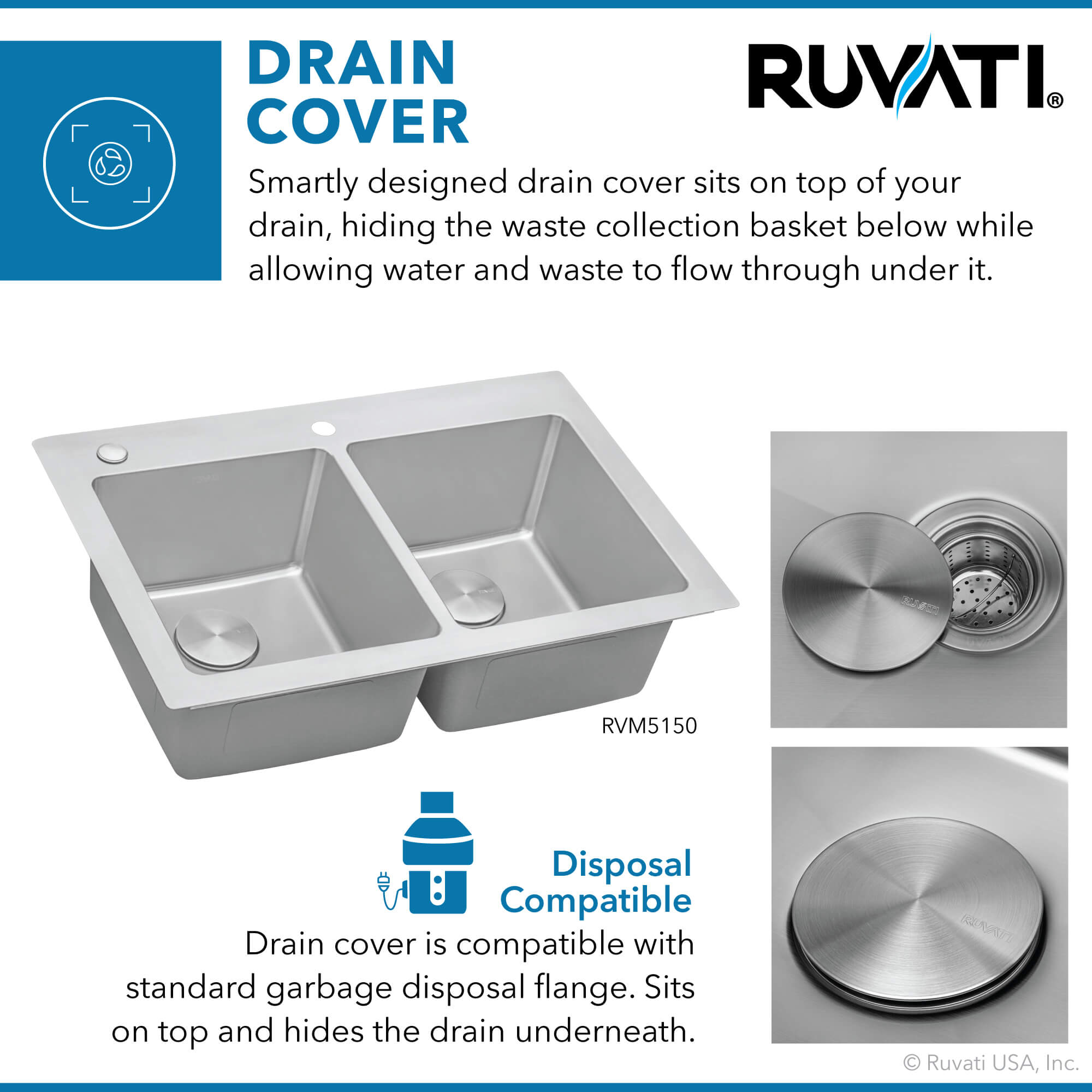 Alternative View of Ruvati Modena 33" Drop-in Topmount Stainless Steel Kitchen Sink, 50/50 Double Bowl, 16 Gauge, RVM5150