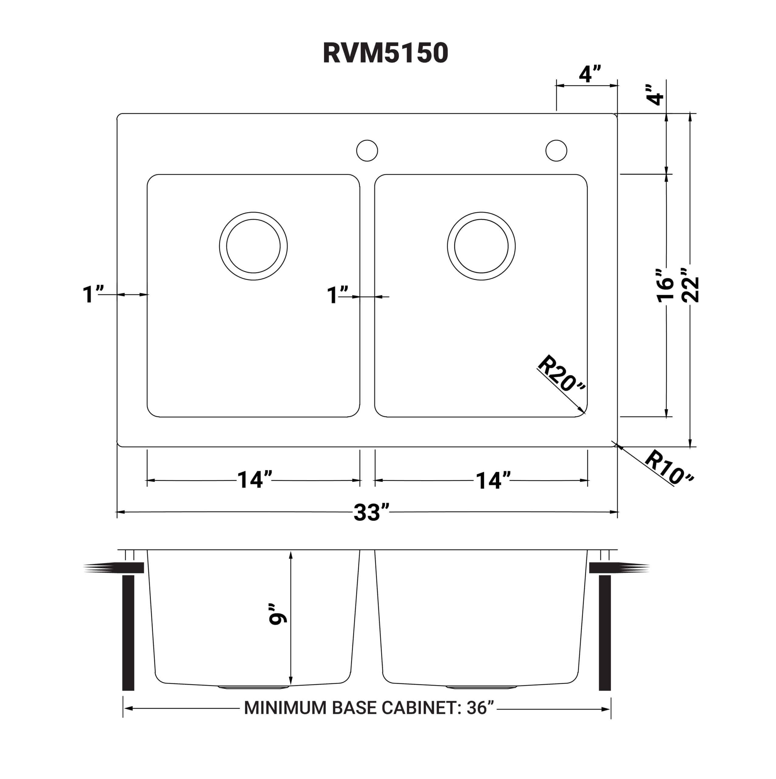 Dimensions Image for Ruvati Modena 33" Drop-in Topmount Stainless Steel Kitchen Sink, 50/50 Double Bowl, 16 Gauge, RVM5150