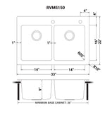 Dimensions for Ruvati Modena 33" Drop-in Topmount Stainless Steel Kitchen Sink, 50/50 Double Bowl, 16 Gauge, RVM5150