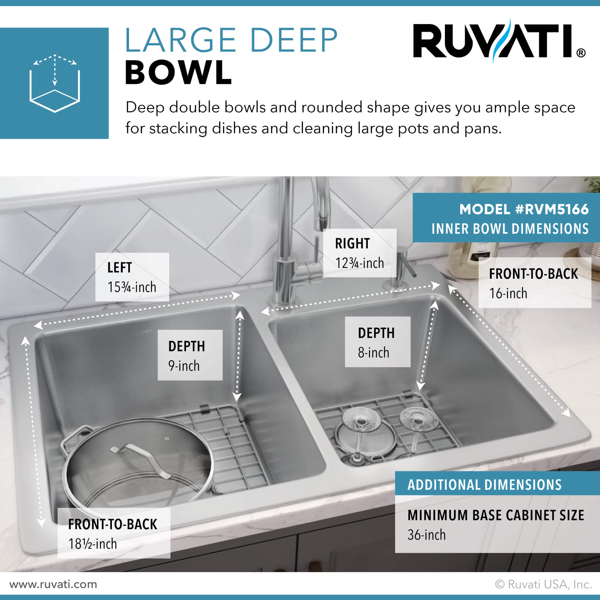 Alternative View of Ruvati Modena 33" Drop-in Topmount Stainless Steel Kitchen Sink, 60/40 Double Bowl, 16 Gauge, RVM5166