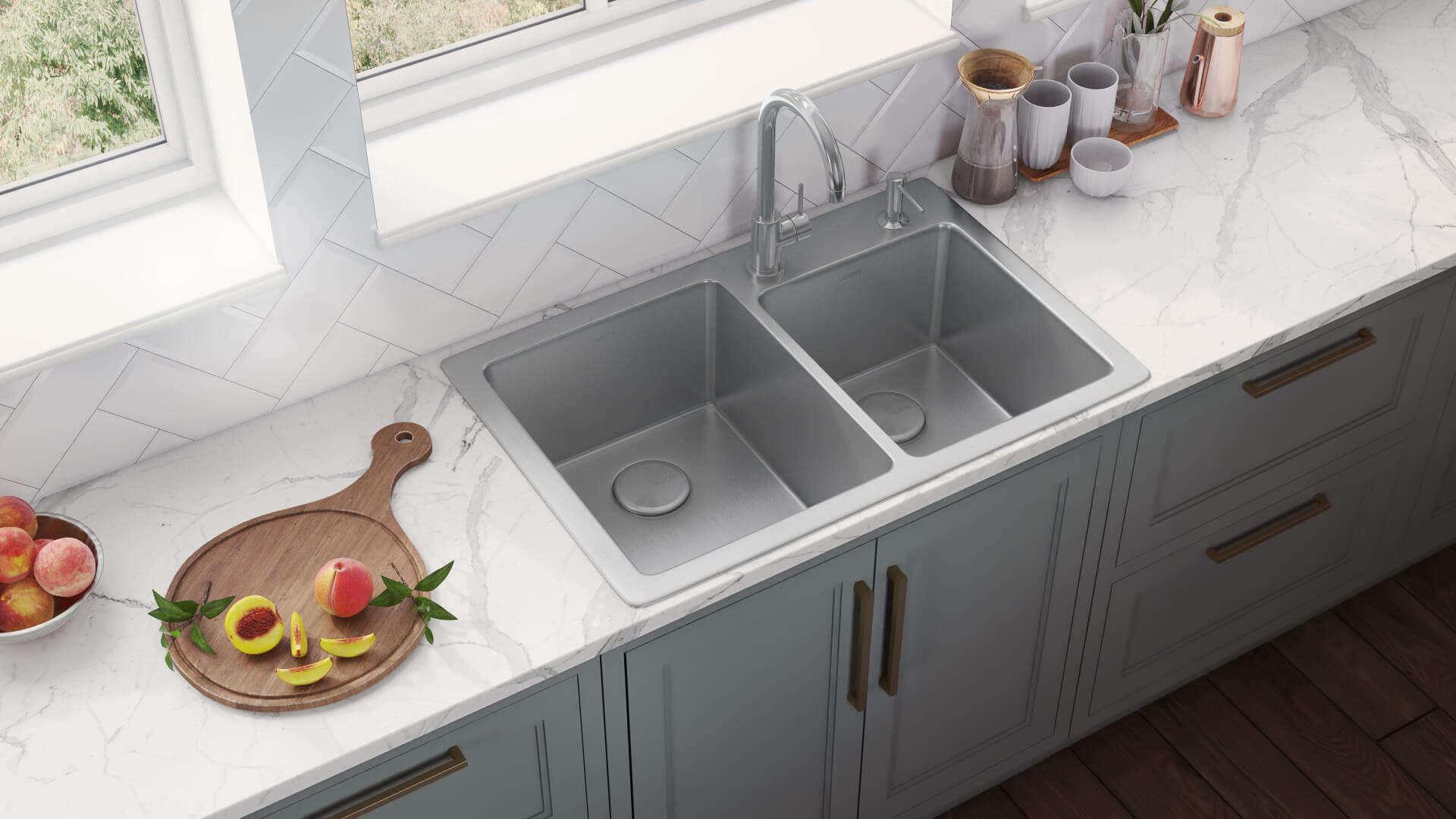 Alternative View of Ruvati Modena 33" Drop-in Topmount Stainless Steel Kitchen Sink, 60/40 Double Bowl, 16 Gauge, RVM5166