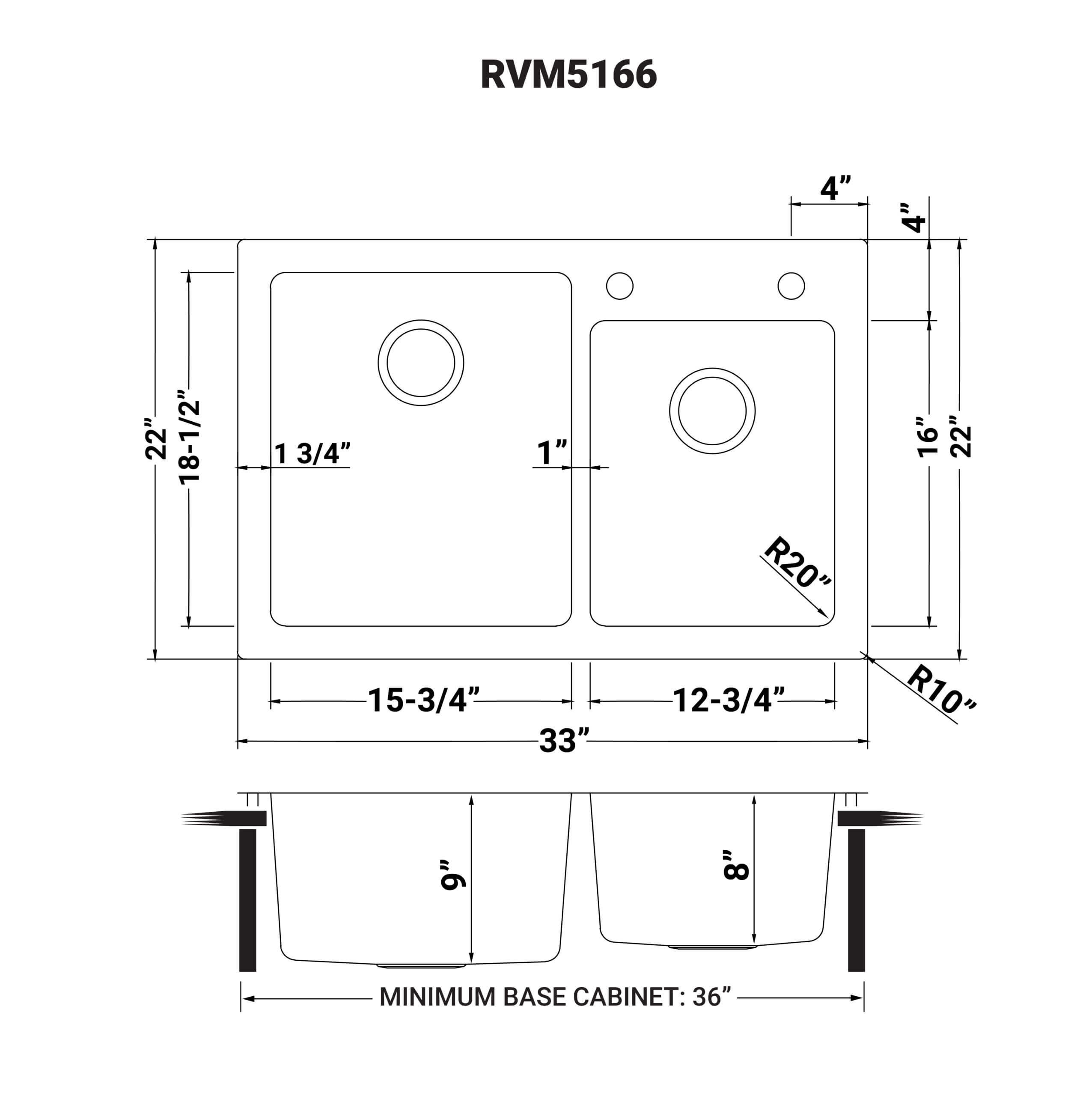 Dimensions Image for Ruvati Modena 33" Drop-in Topmount Stainless Steel Kitchen Sink, 60/40 Double Bowl, 16 Gauge, RVM5166
