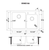 Dimensions for Ruvati Modena 33" Drop-in Topmount Stainless Steel Kitchen Sink, 60/40 Double Bowl, 16 Gauge, RVM5166