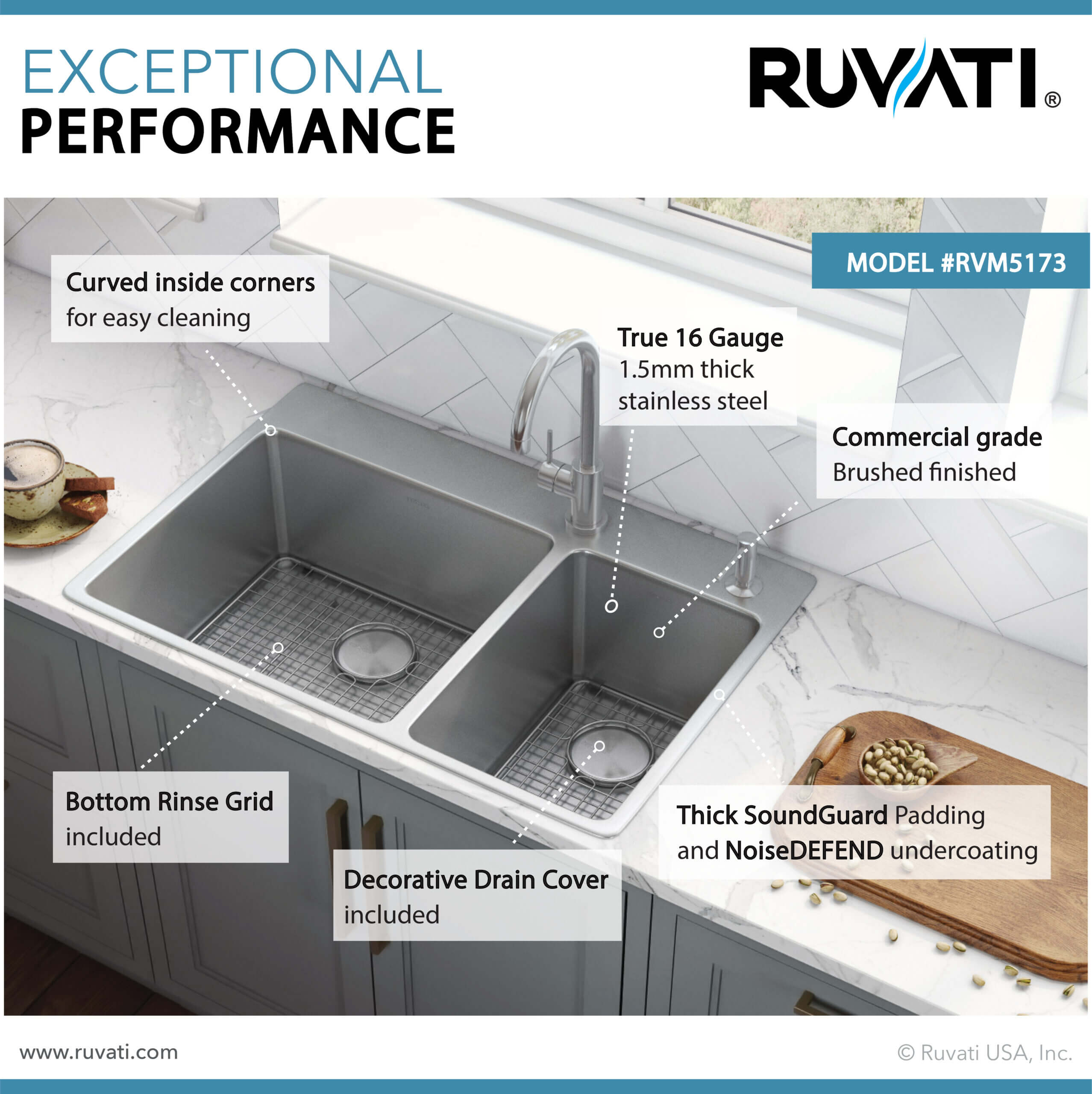 Alternative View of Ruvati Modena 33" Drop-in Topmount Stainless Steel Kitchen Sink, 70/30 Double Bowl, 16 Gauge, RVM5173