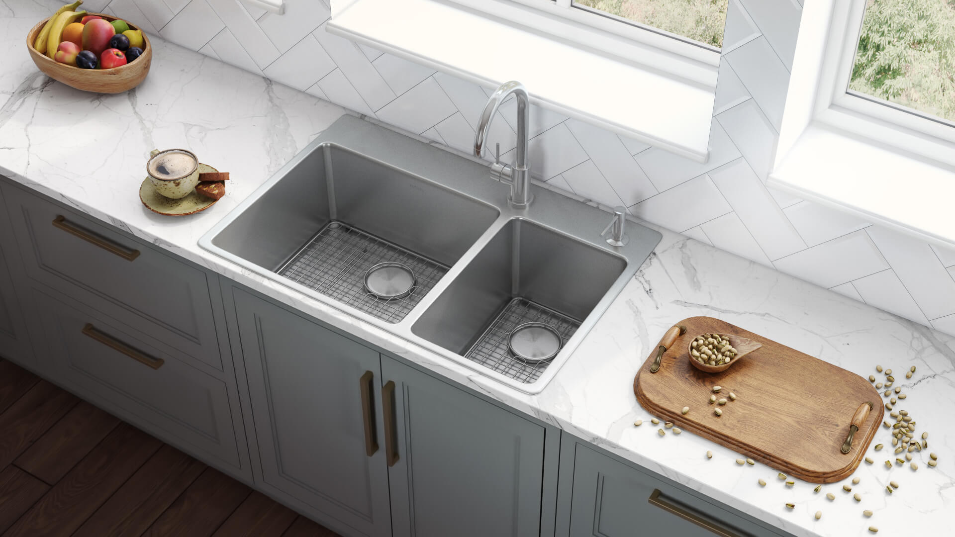 Alternative View of Ruvati Modena 33" Drop-in Topmount Stainless Steel Kitchen Sink, 70/30 Double Bowl, 16 Gauge, RVM5173