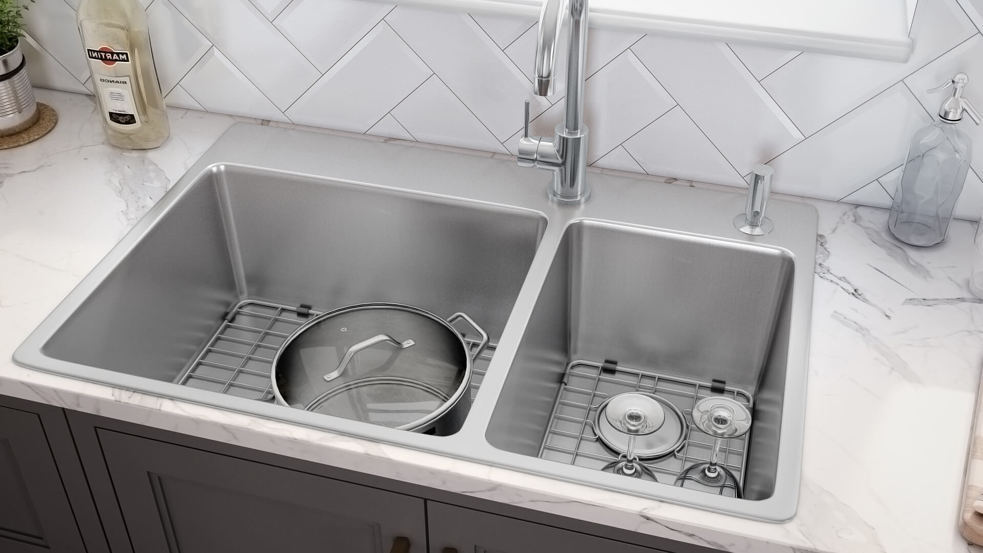 Alternative View of Ruvati Modena 33" Drop-in Topmount Stainless Steel Kitchen Sink, 70/30 Double Bowl, 16 Gauge, RVM5173