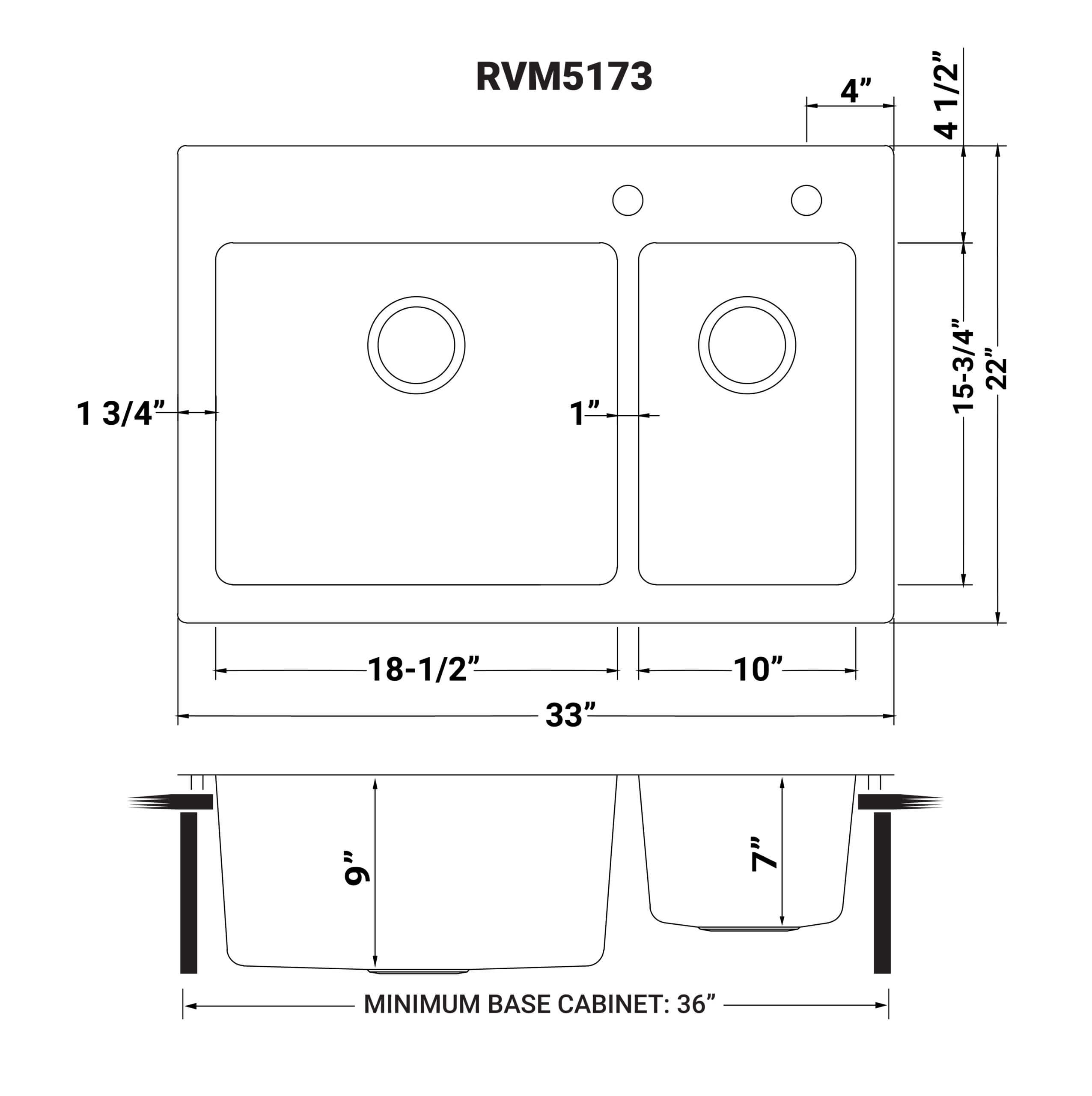 Dimensions Image for Ruvati Modena 33" Drop-in Topmount Stainless Steel Kitchen Sink, 70/30 Double Bowl, 16 Gauge, RVM5173