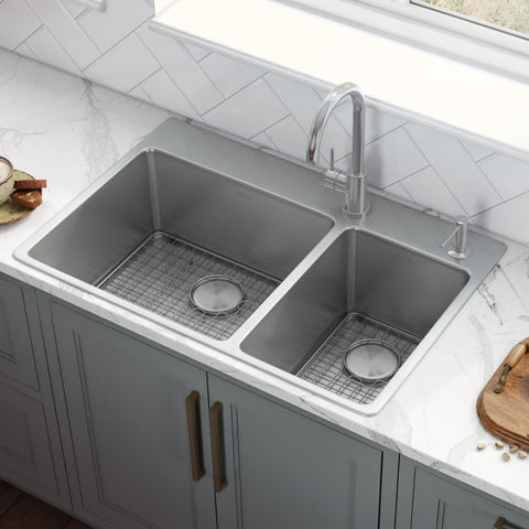 Main Image of Ruvati Modena 33" Drop-in Topmount Stainless Steel Kitchen Sink, 70/30 Double Bowl, 16 Gauge, RVM5173