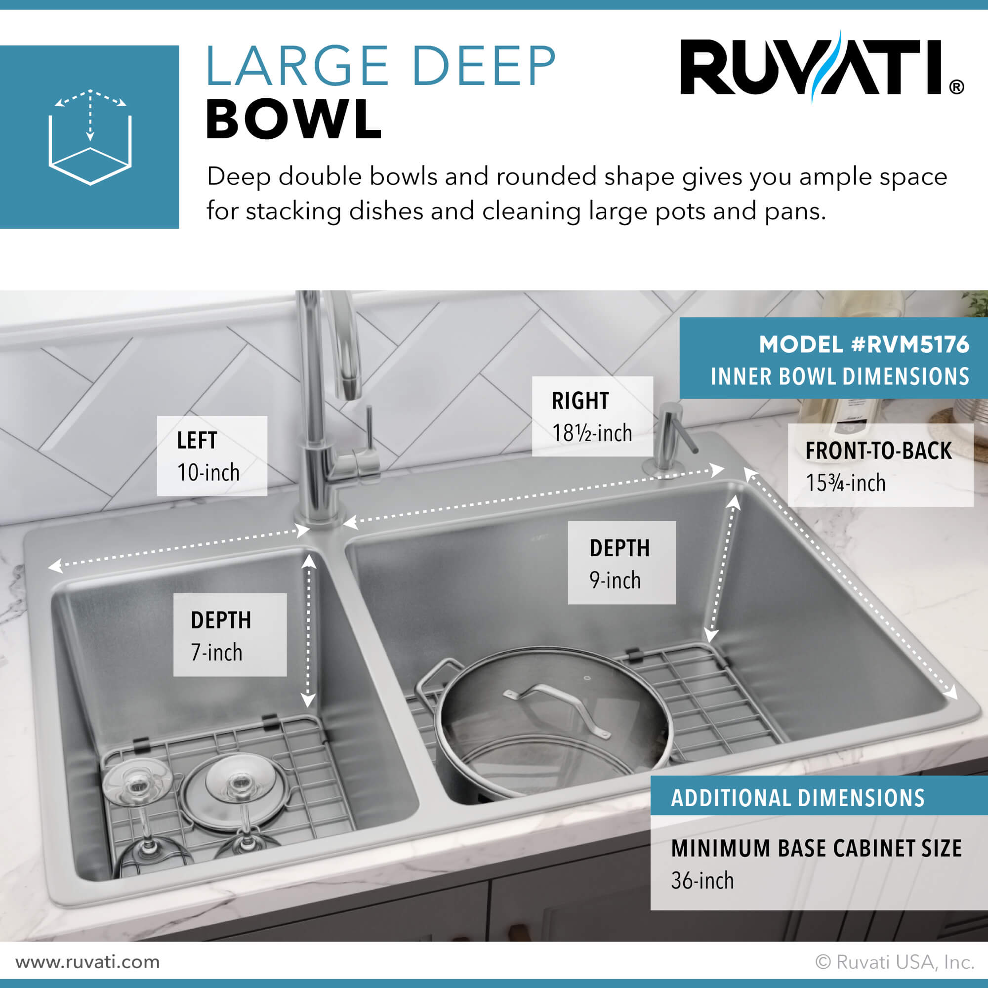 Alternative View of Ruvati Modena 33" Drop-in Topmount Stainless Steel Kitchen Sink, 30/70 Double Bowl, 16 Gauge, RVM5176