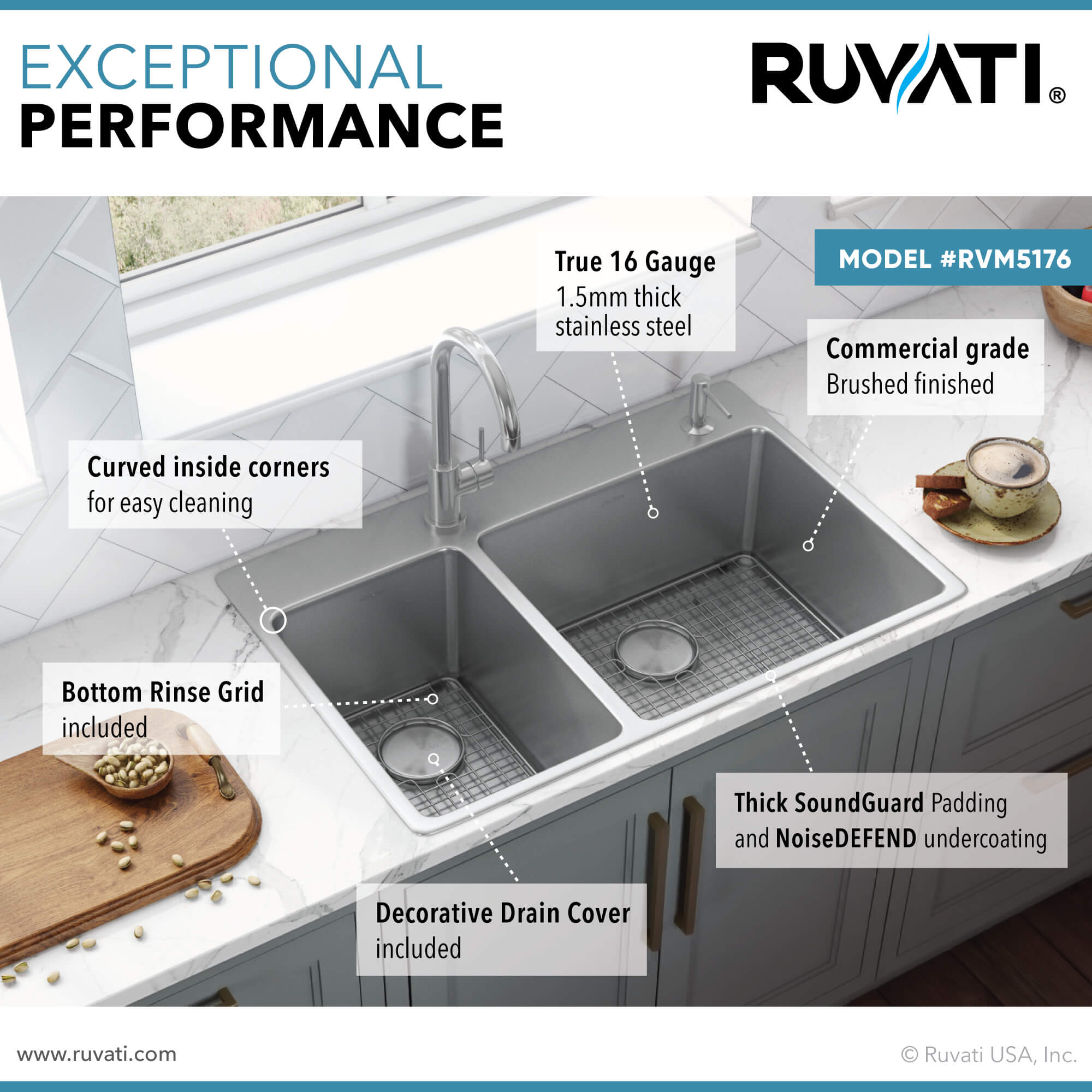 Alternative View of Ruvati Modena 33" Drop-in Topmount Stainless Steel Kitchen Sink, 30/70 Double Bowl, 16 Gauge, RVM5176