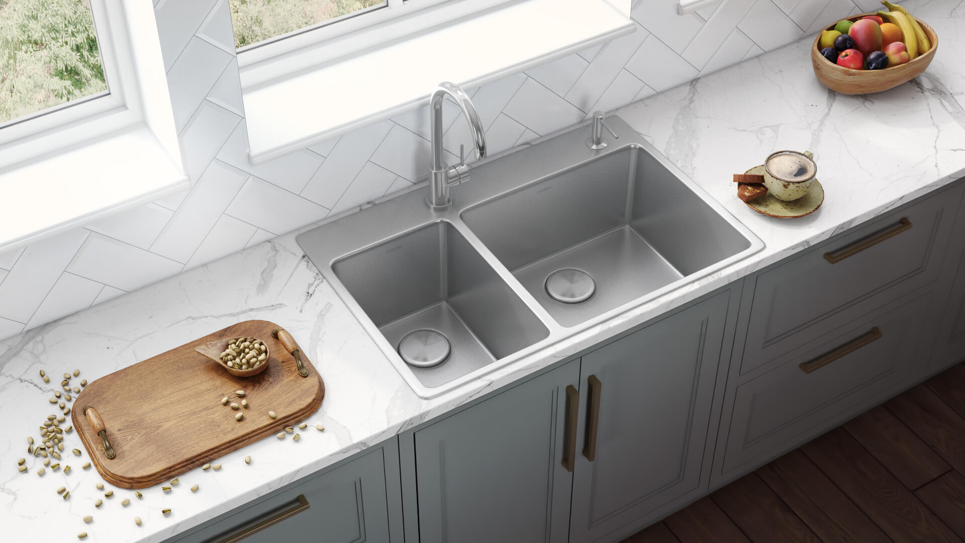 Alternative View of Ruvati Modena 33" Drop-in Topmount Stainless Steel Kitchen Sink, 30/70 Double Bowl, 16 Gauge, RVM5176
