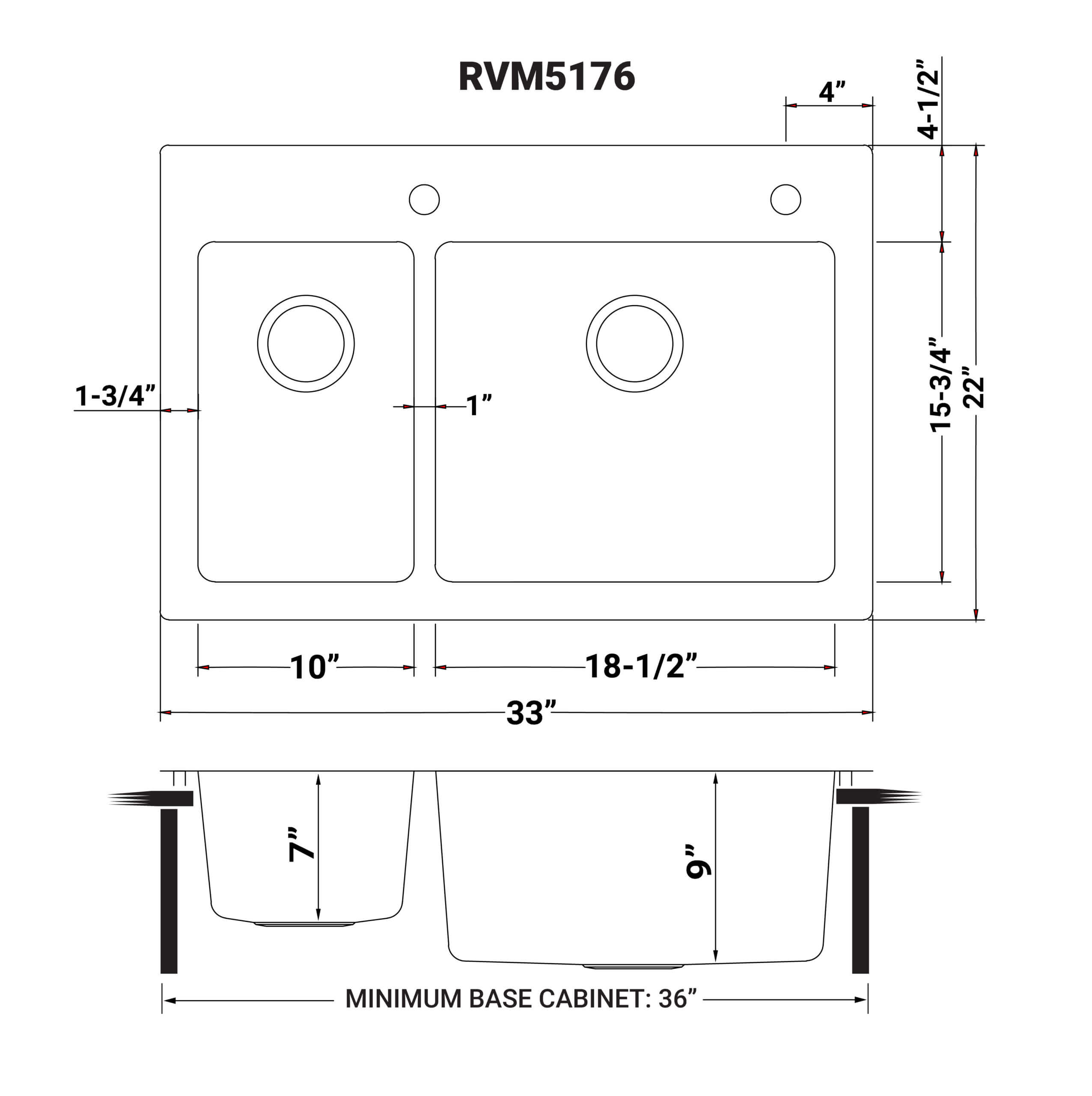 Dimensions Image for Ruvati Modena 33" Drop-in Topmount Stainless Steel Kitchen Sink, 30/70 Double Bowl, 16 Gauge, RVM5176