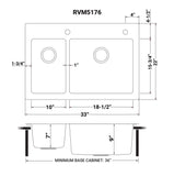 Dimensions for Ruvati Modena 33" Drop-in Topmount Stainless Steel Kitchen Sink, 30/70 Double Bowl, 16 Gauge, RVM5176