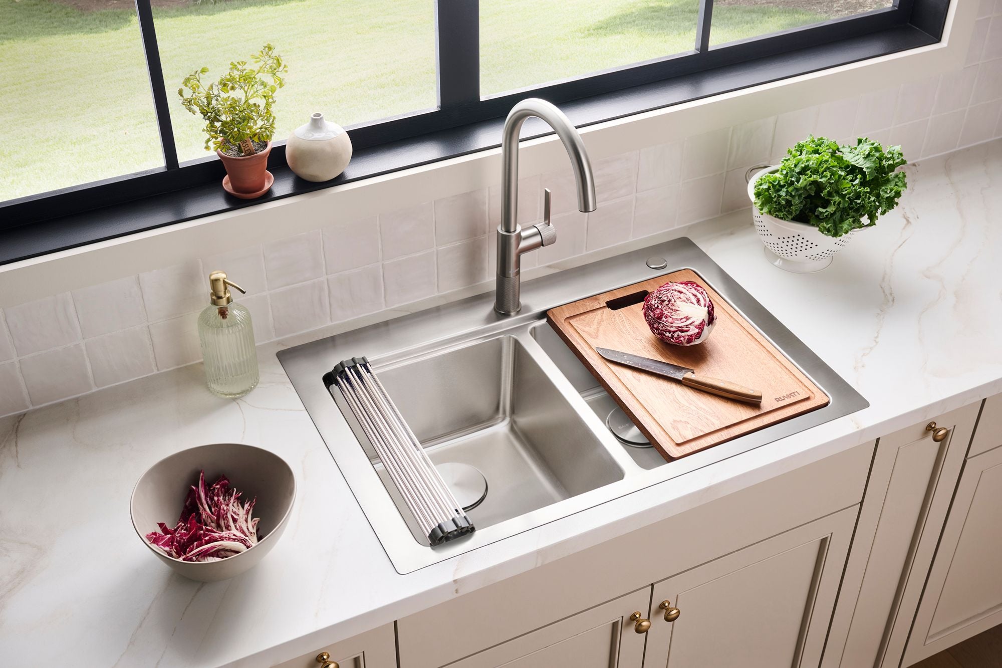 Ruvati Renaro 33" Drop In Stainless Steel Workstation Kitchen Sink, 50/50 Double Bowl, RVM5232 Product Image