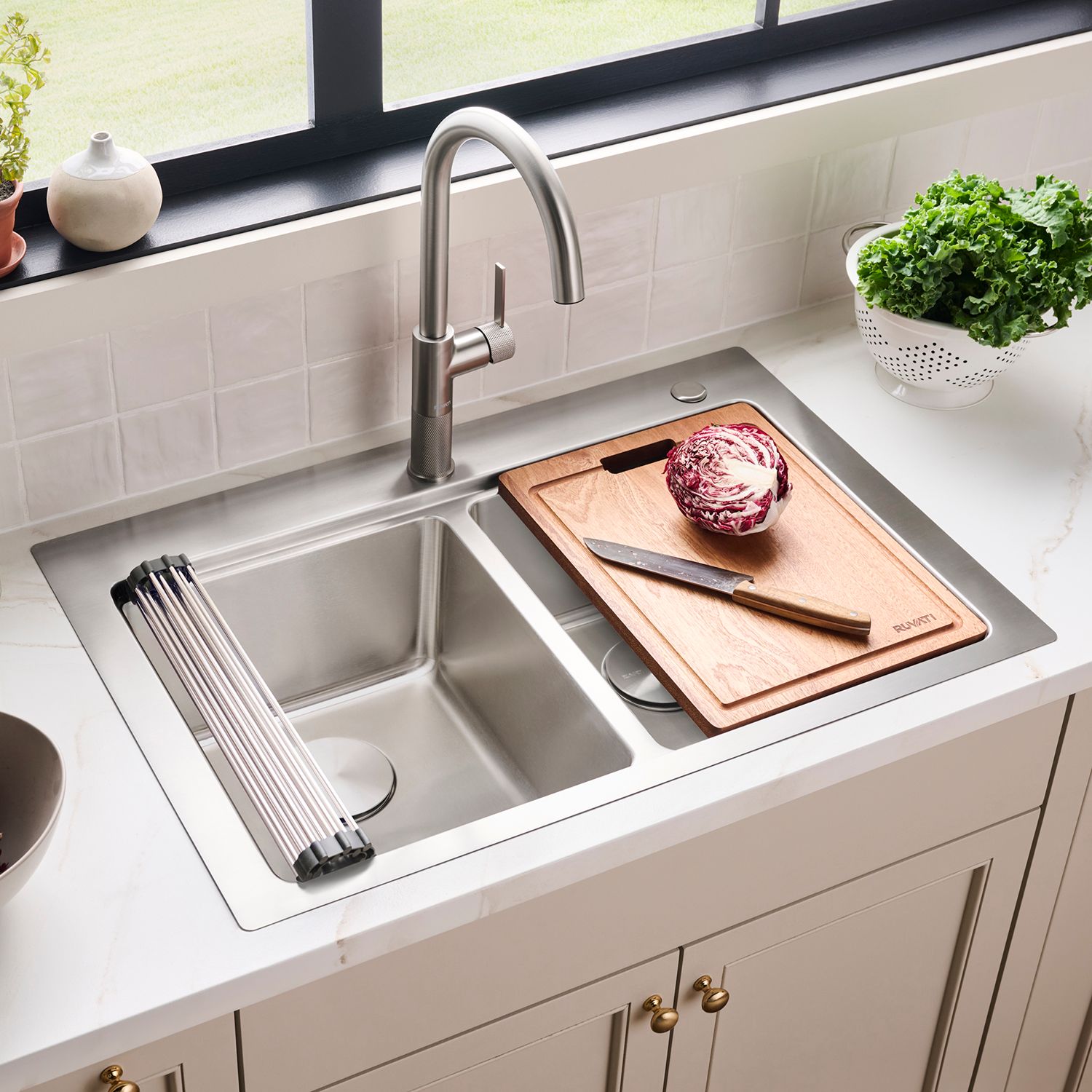 Ruvati Renaro 33" Drop In Stainless Steel Workstation Kitchen Sink, 50/50 Double Bowl, RVM5232