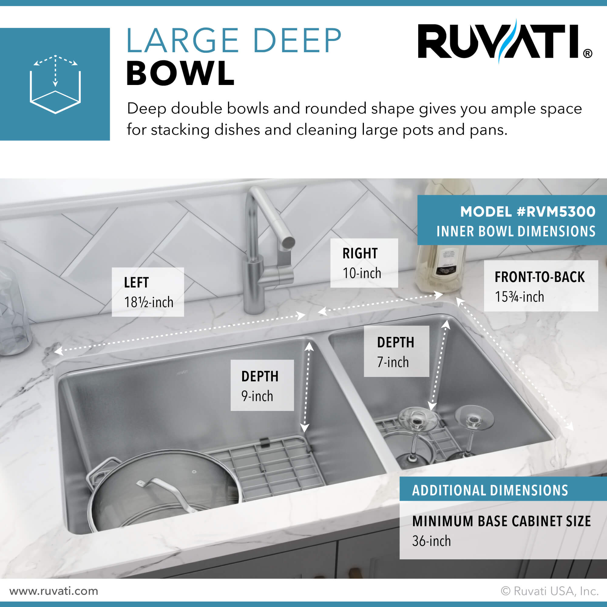Alternative View of Ruvati Modena 32" Undermount Stainless Steel Kitchen Sink, 70/30 Double Bowl, 16 Gauge, RVM5300