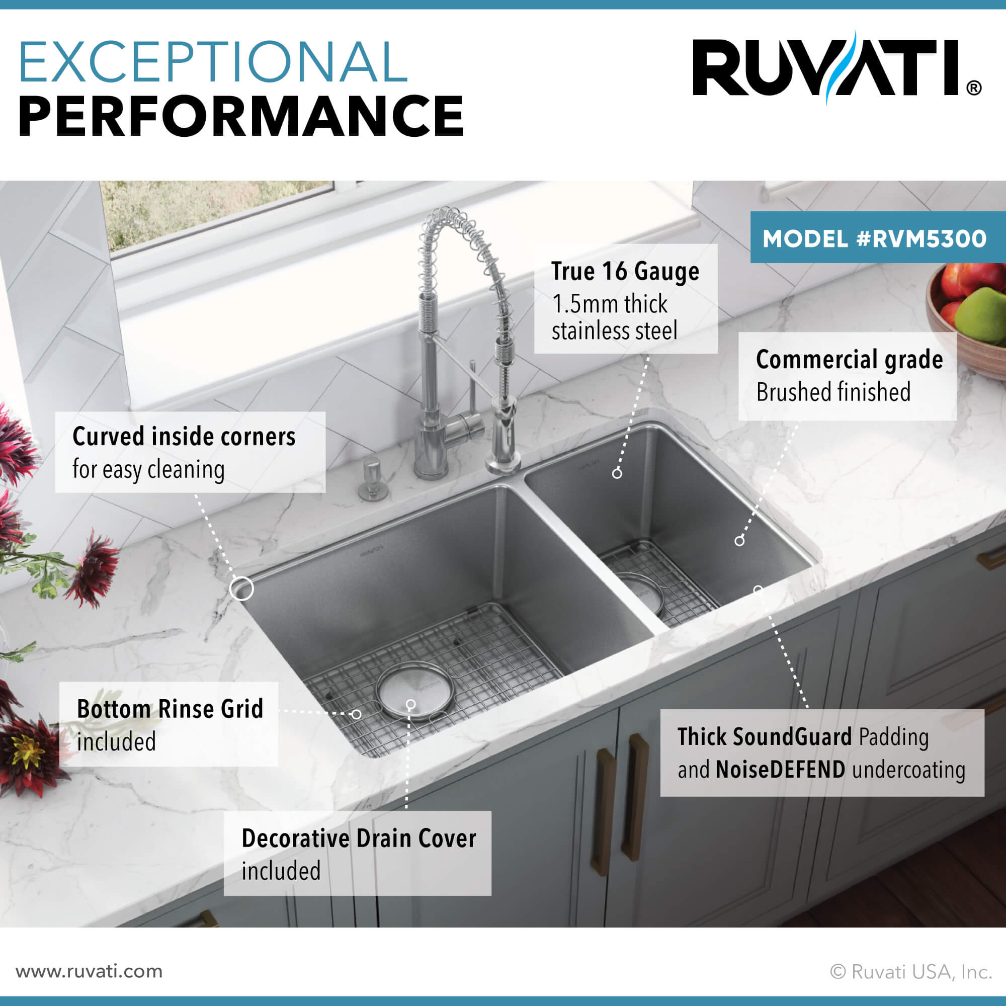 Alternative View of Ruvati Modena 32" Undermount Stainless Steel Kitchen Sink, 70/30 Double Bowl, 16 Gauge, RVM5300