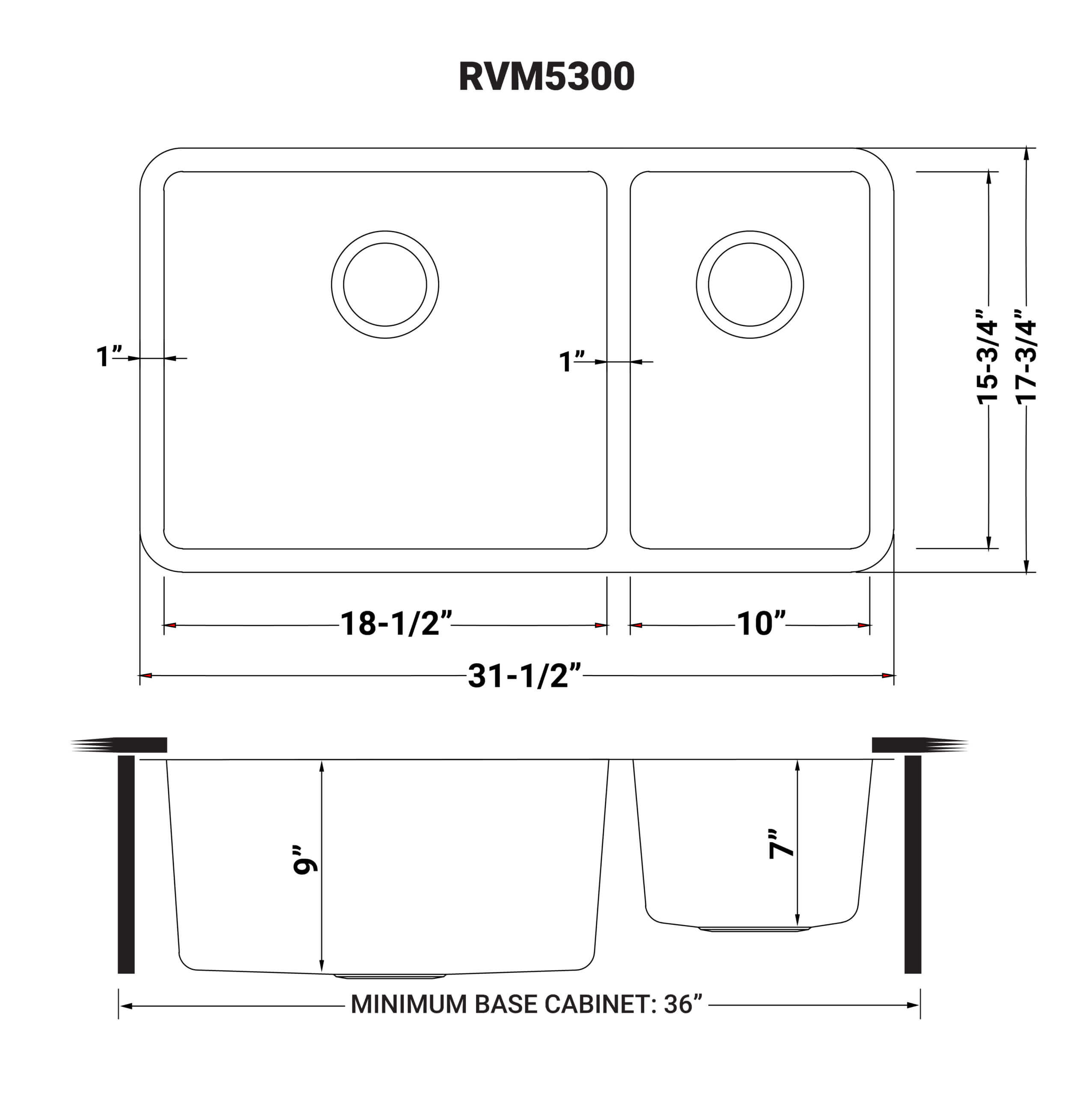 Dimensions Image for Ruvati Modena 32" Undermount Stainless Steel Kitchen Sink, 70/30 Double Bowl, 16 Gauge, RVM5300