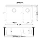 Dimensions for Ruvati Modena 32" Undermount Stainless Steel Kitchen Sink, 70/30 Double Bowl, 16 Gauge, RVM5300