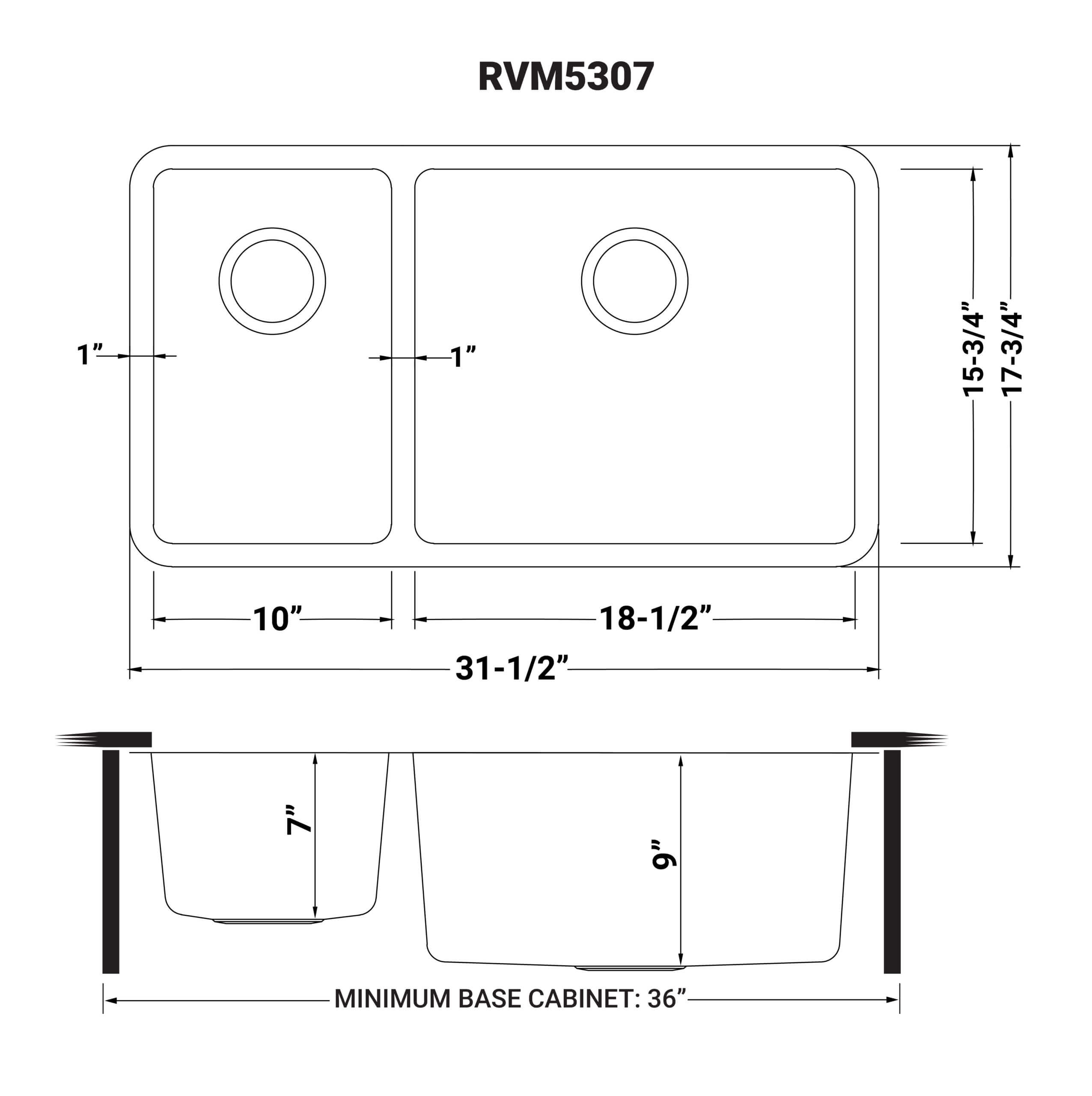 Dimensions Image for Ruvati Modena 32" Undermount Stainless Steel Kitchen Sink, 30/70 Double Bowl, 16 Gauge, RVM5307