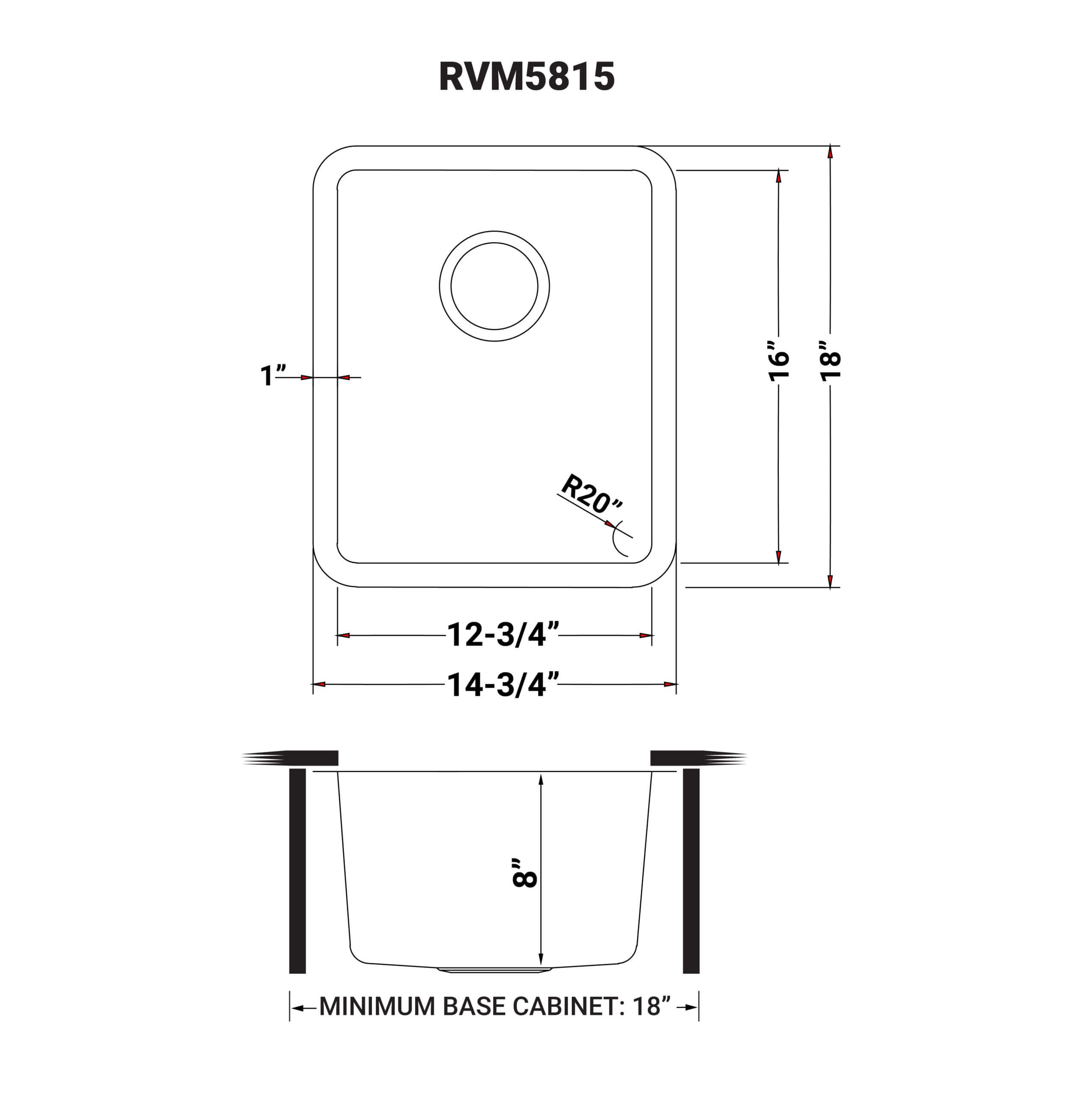 Dimensions Image for Ruvati Modena 15" Undermount Rectangle Stainless Steel Bar/Prep Sink, 16 Gauge, RVM5815
