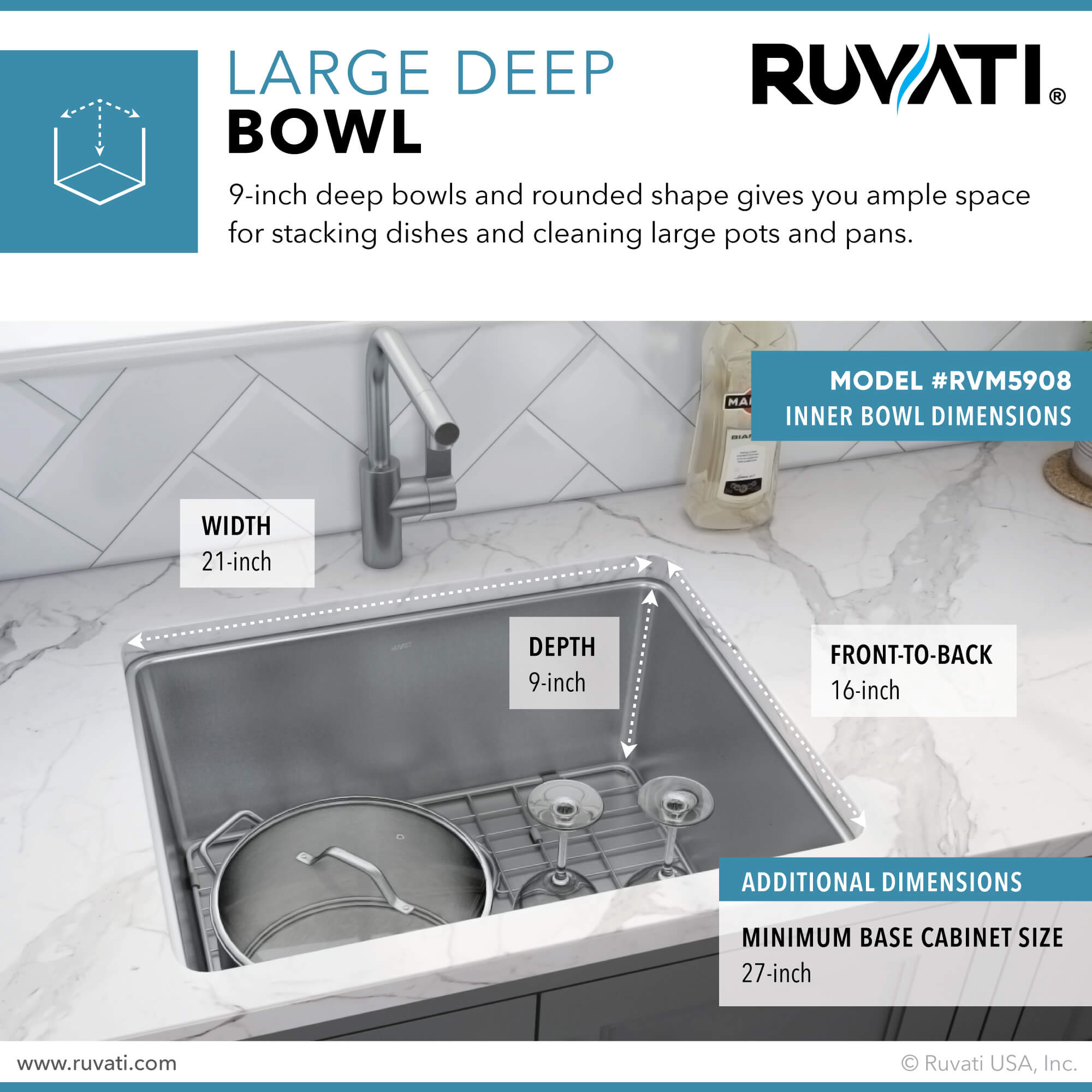 Alternative View of Ruvati Modena 23" Undermount Stainless Steel Kitchen Sink, 16 Gauge, RVM5908