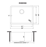 Dimensions for Ruvati Modena 23" Undermount Stainless Steel Kitchen Sink, 16 Gauge, RVM5908