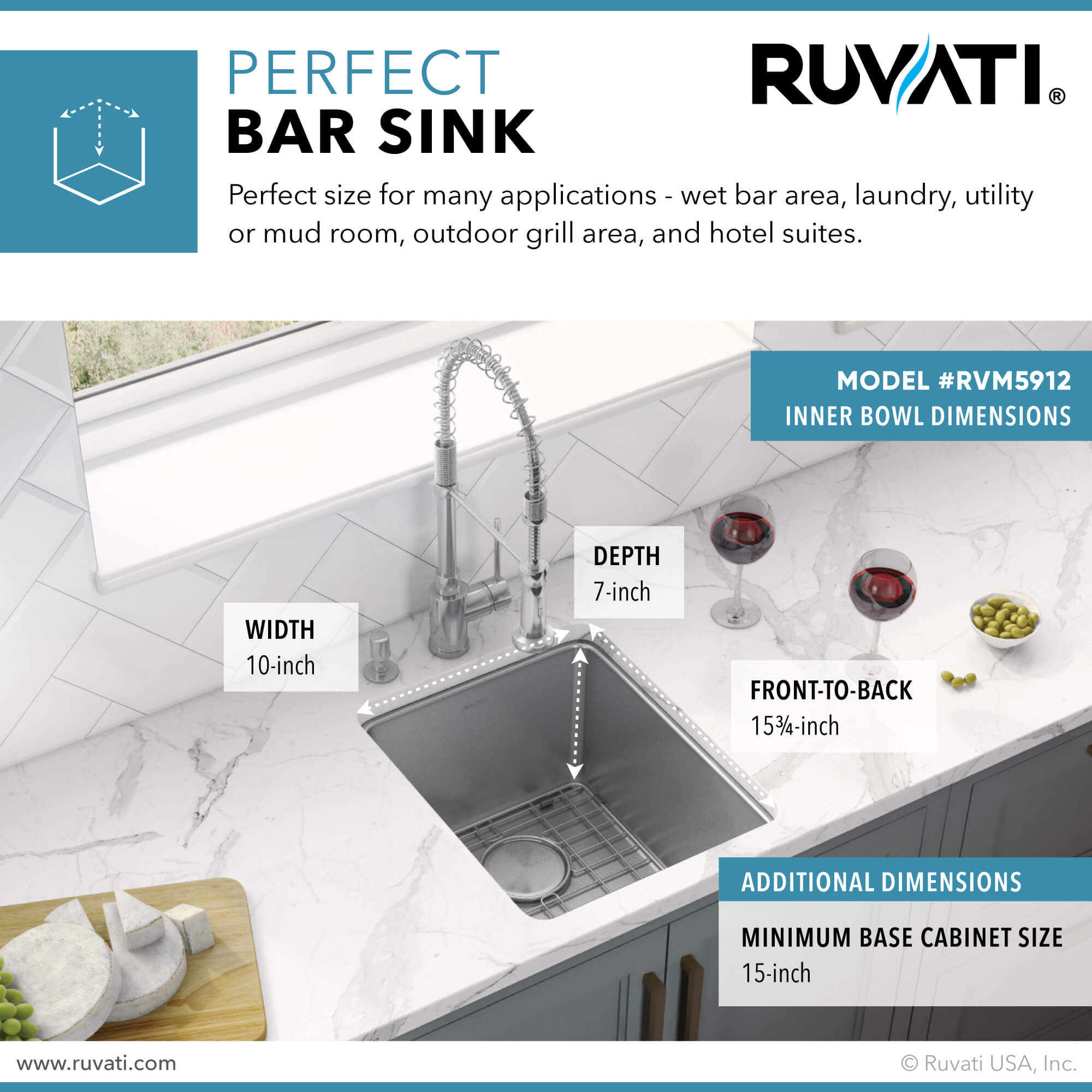 Alternative View of Ruvati Modena 12" Undermount Rectangle Stainless Steel Bar/Prep Sink, 16 Gauge, RVM5912