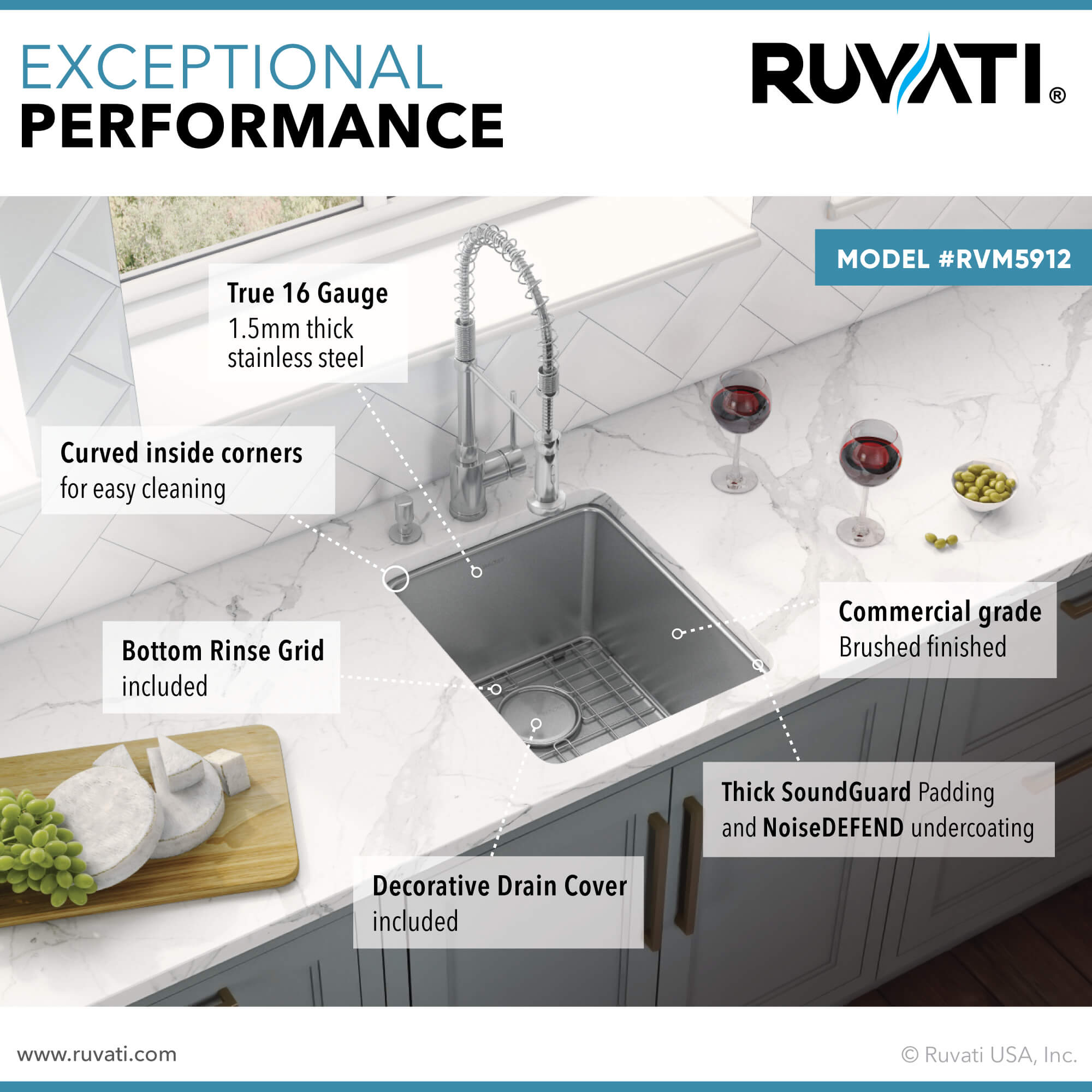 Alternative View of Ruvati Modena 12" Undermount Rectangle Stainless Steel Bar/Prep Sink, 16 Gauge, RVM5912