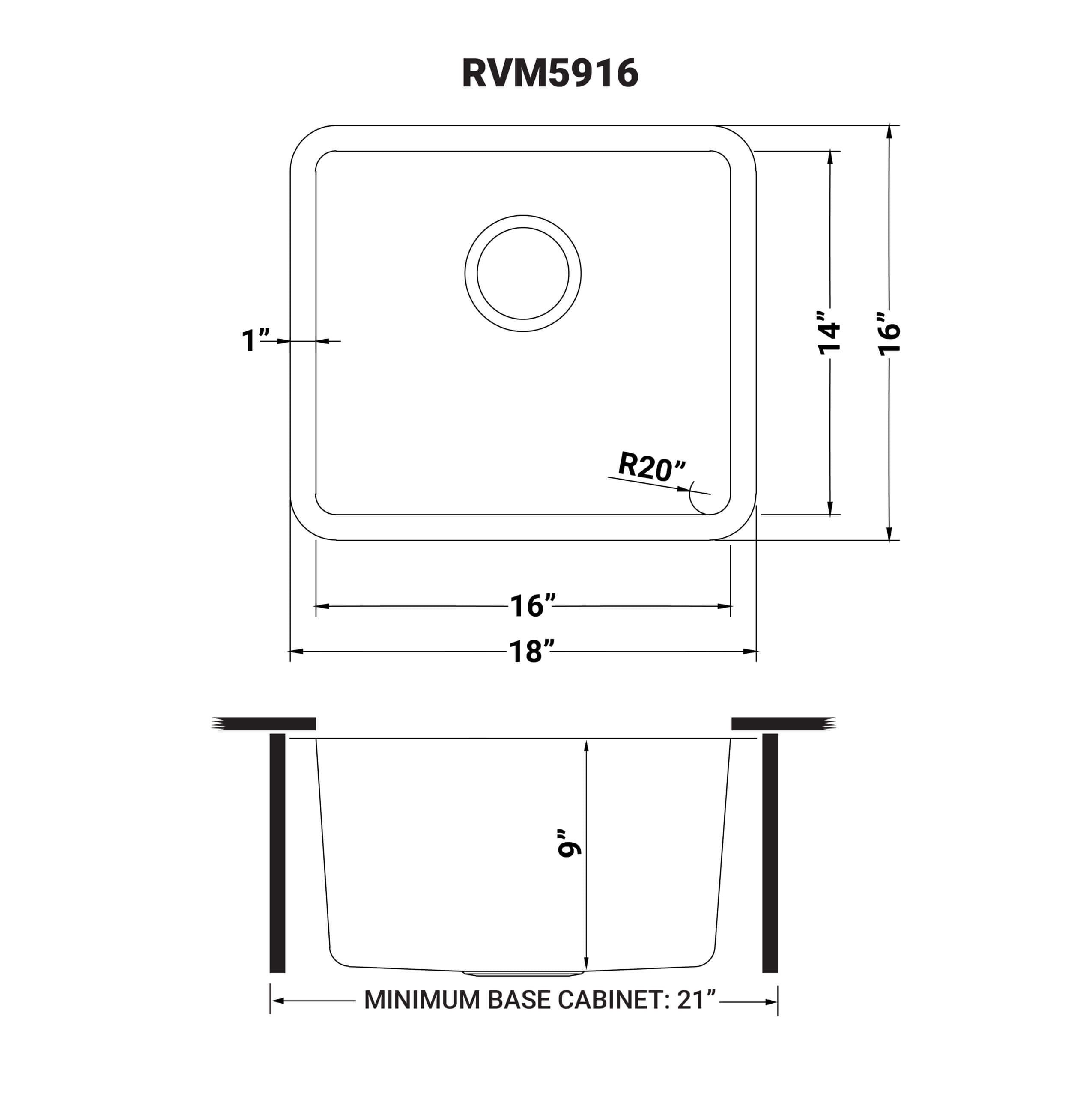Dimensions Image for Ruvati Modena 18" Undermount Rectangle Stainless Steel Bar/Prep Sink, 16 Gauge, RVM5916