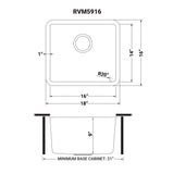 Dimensions for Ruvati Modena 18" Undermount Rectangle Stainless Steel Bar/Prep Sink, 16 Gauge, RVM5916