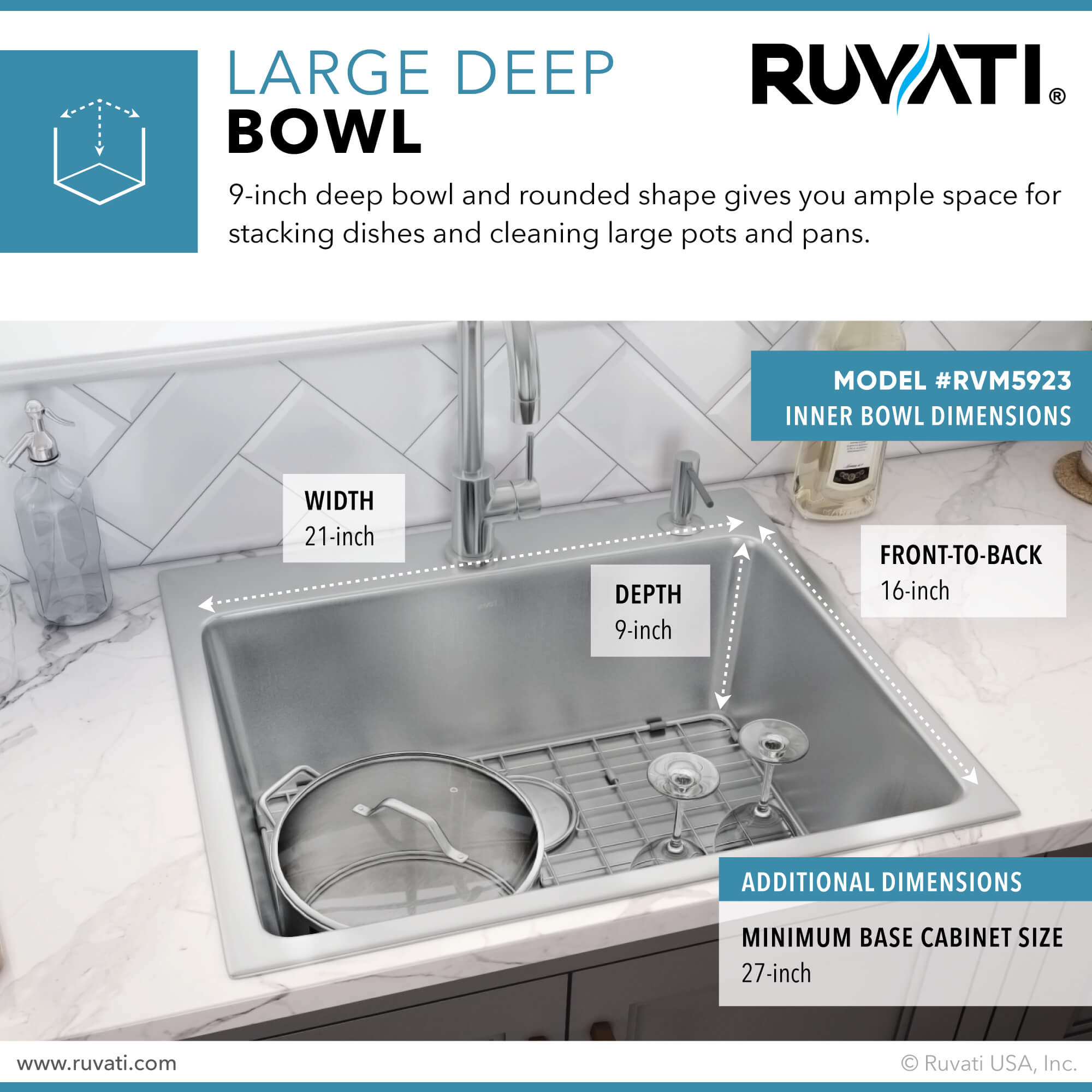 Alternative View of Ruvati Modena 23" Drop-in Topmount Stainless Steel Kitchen Sink, 16 Gauge, RVM5923