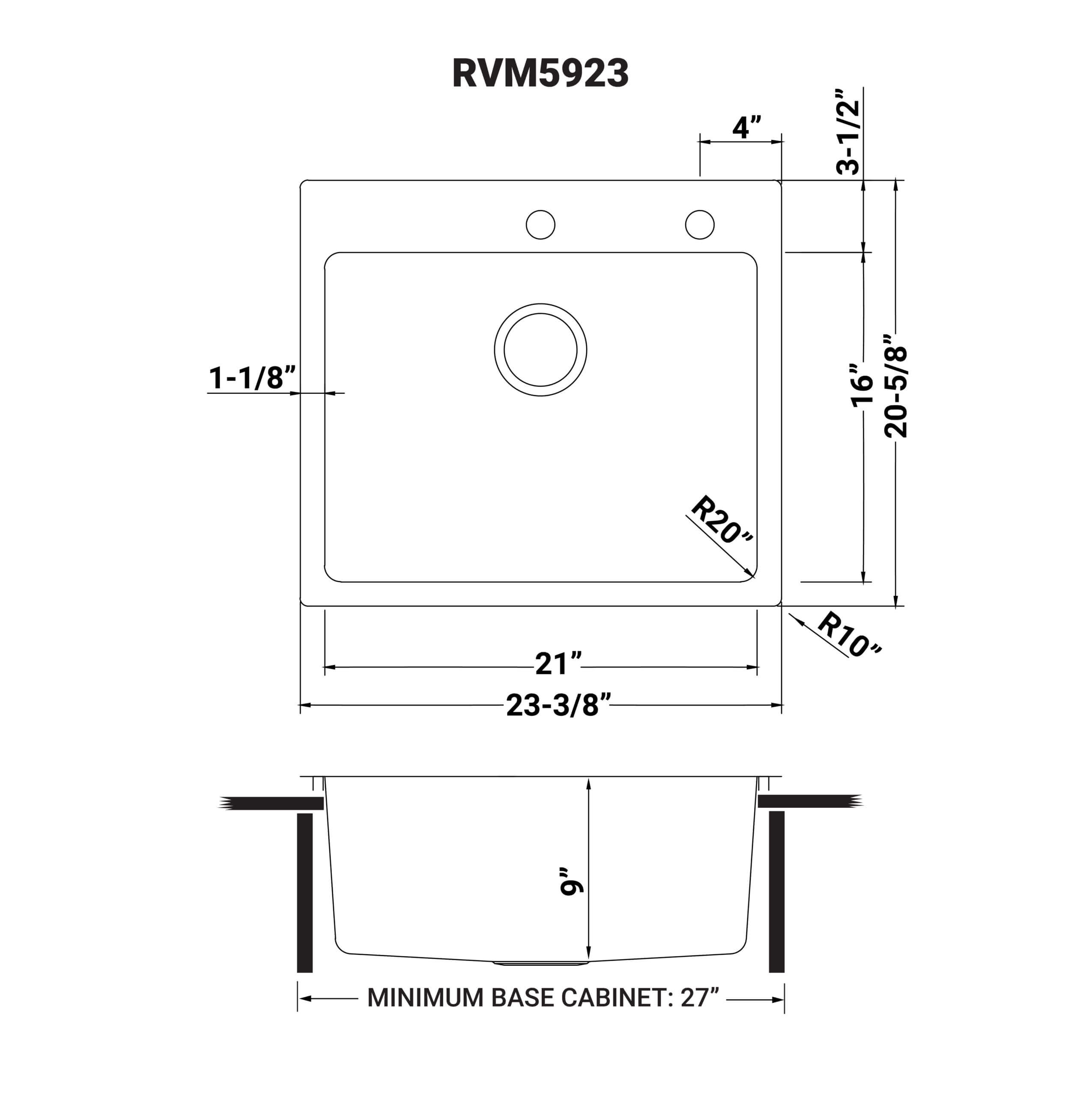 Dimensions Image for Ruvati Modena 23" Drop-in Topmount Stainless Steel Kitchen Sink, 16 Gauge, RVM5923