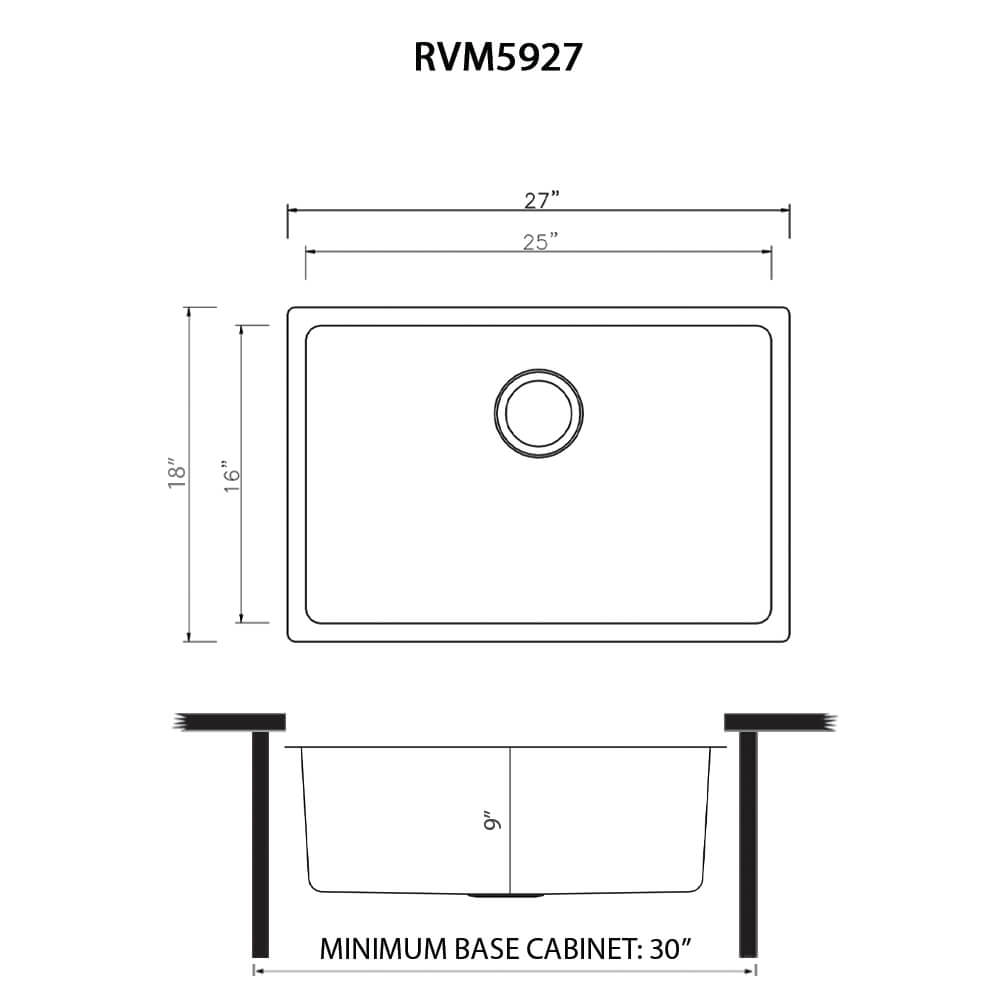 Dimensions Image for Ruvati Modena 27-inch Undermount Kitchen Sink 16 Gauge Stainless Steel Single Bowl, 16, RVM5927