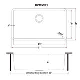 Dimensions for Ruvati Modena 31" Undermount Stainless Steel Kitchen Sink, 16 Gauge, RVM5931