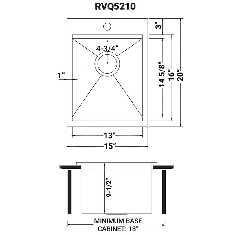 Dimensions Image for Ruvati 15 x 20 inch Marine Grade T-316 Workstation Topmount RV Boat Outdoor Sink Stainless Steel, RVQ5210