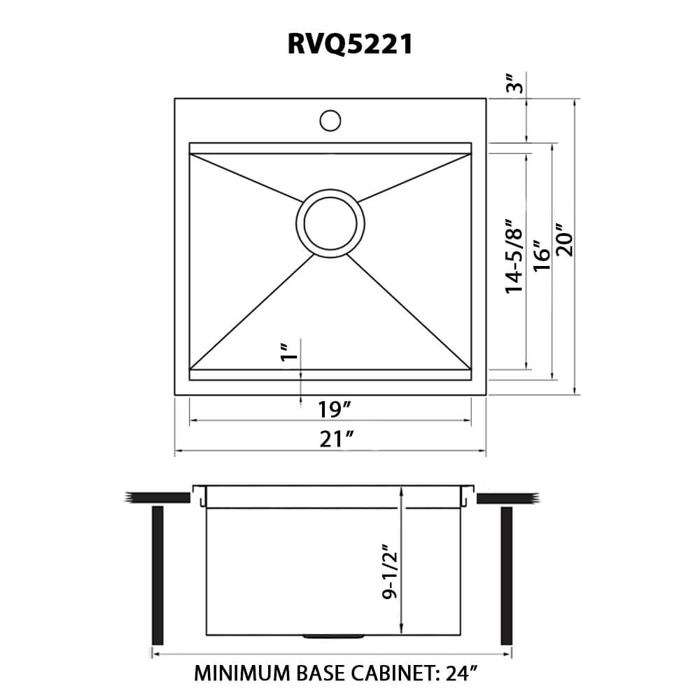 Dimensions Image for Ruvati 21 x 20 inch Outdoor Workstation Sink T-316 Marine Grade Topmount Stainless Steel BBQ, RVQ5221