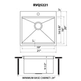Dimensions for Ruvati 21 x 20 inch Outdoor Workstation Sink T-316 Marine Grade Topmount Stainless Steel BBQ, RVQ5221