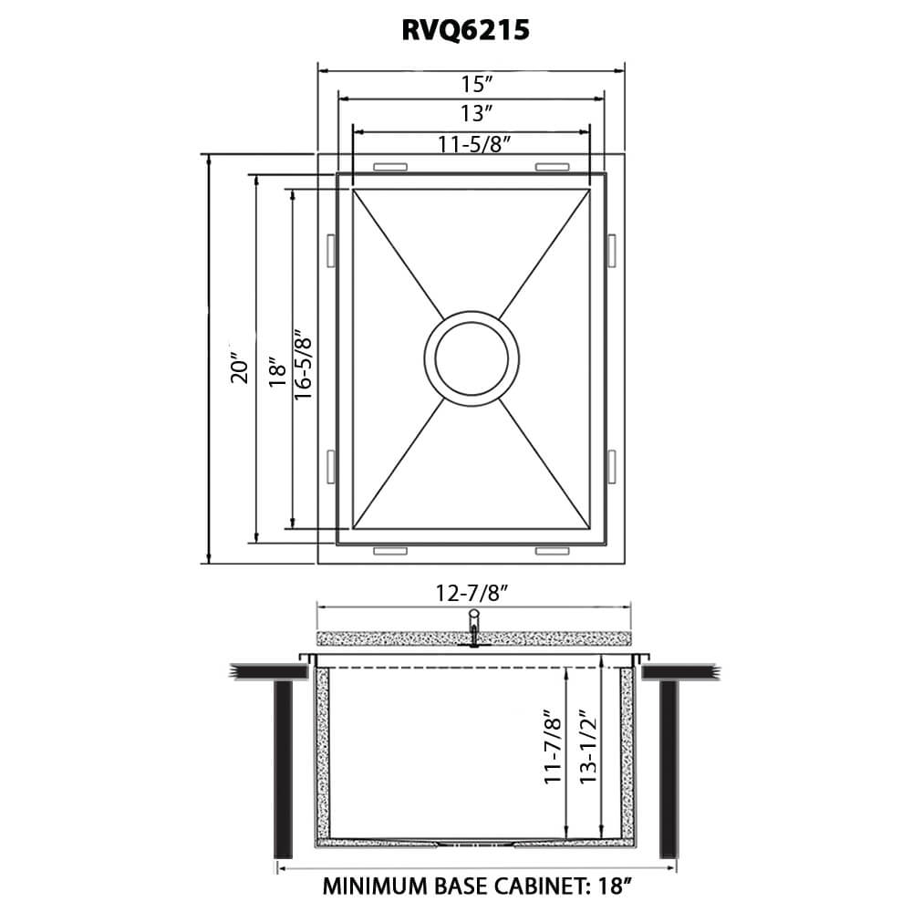 Dimensions Image for Ruvati Merino Insulated Ice Chest Sink, 15 x 20 inch Outdoor BBQ, Marine Grade T-316 Topmount Stainless Steel, RVQ6215