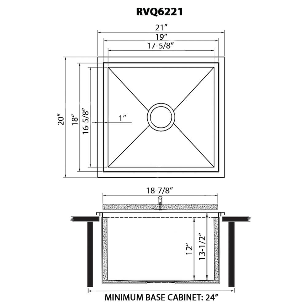 Dimensions Image for Ruvati Merino Insulated Ice Chest Sink, 21 x 20 inch Outdoor BBQ, Marine Grade T-316 Topmount Stainless Steel, RVQ6221
