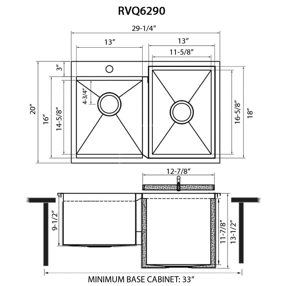Dimensions Image for Ruvati Insulated Ice Chest and Outdoor Sink 29 x 20 inch BBQ Workstation Topmount T-316 Stainless Steel, RVQ6290
